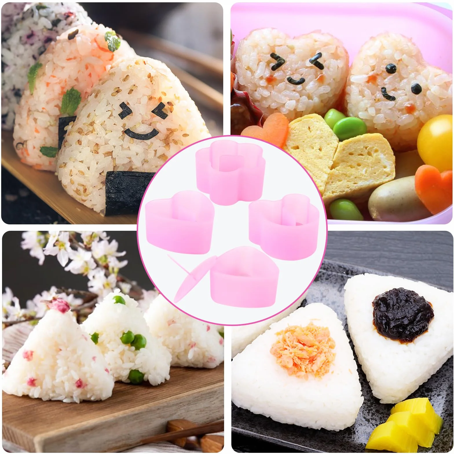AKONE Foremka do Sushi Onigiri - Trójkątna Prasa do Robienia Kulek Ryżowych, 4 Sztuki z Szpatułką, Akcesoria DIY