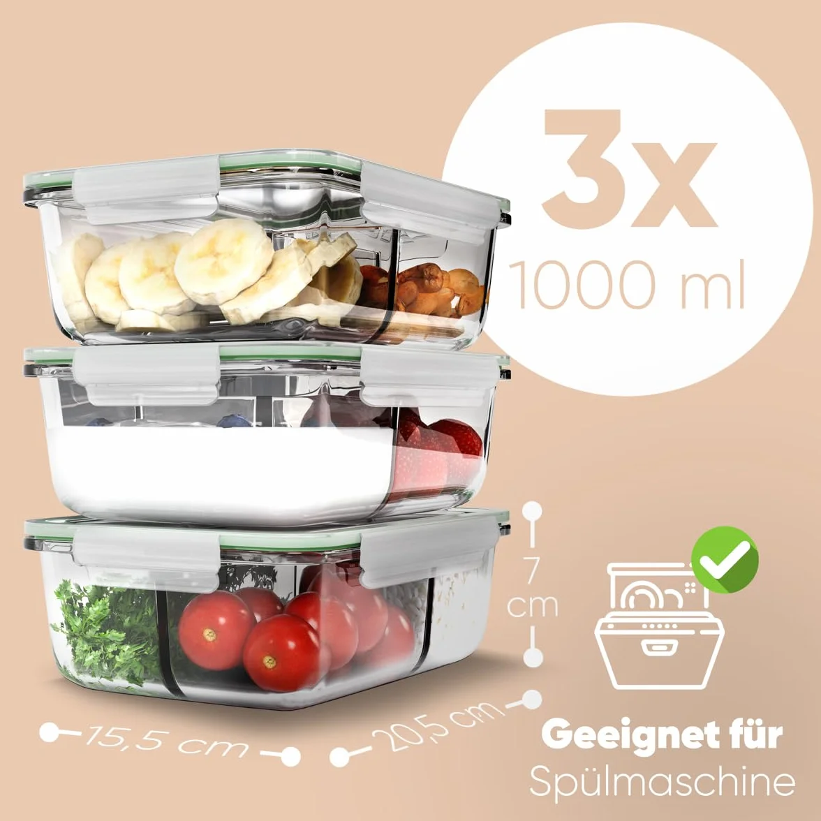 Meal Prep pojemniki szklane z przegródkami, zestaw 3 sztuk, szklane pojemniki z pokrywką, nadają się do zmywarki, kuchenki mikrofalowej i piekarnika, pojemniki na żywność, szklane z