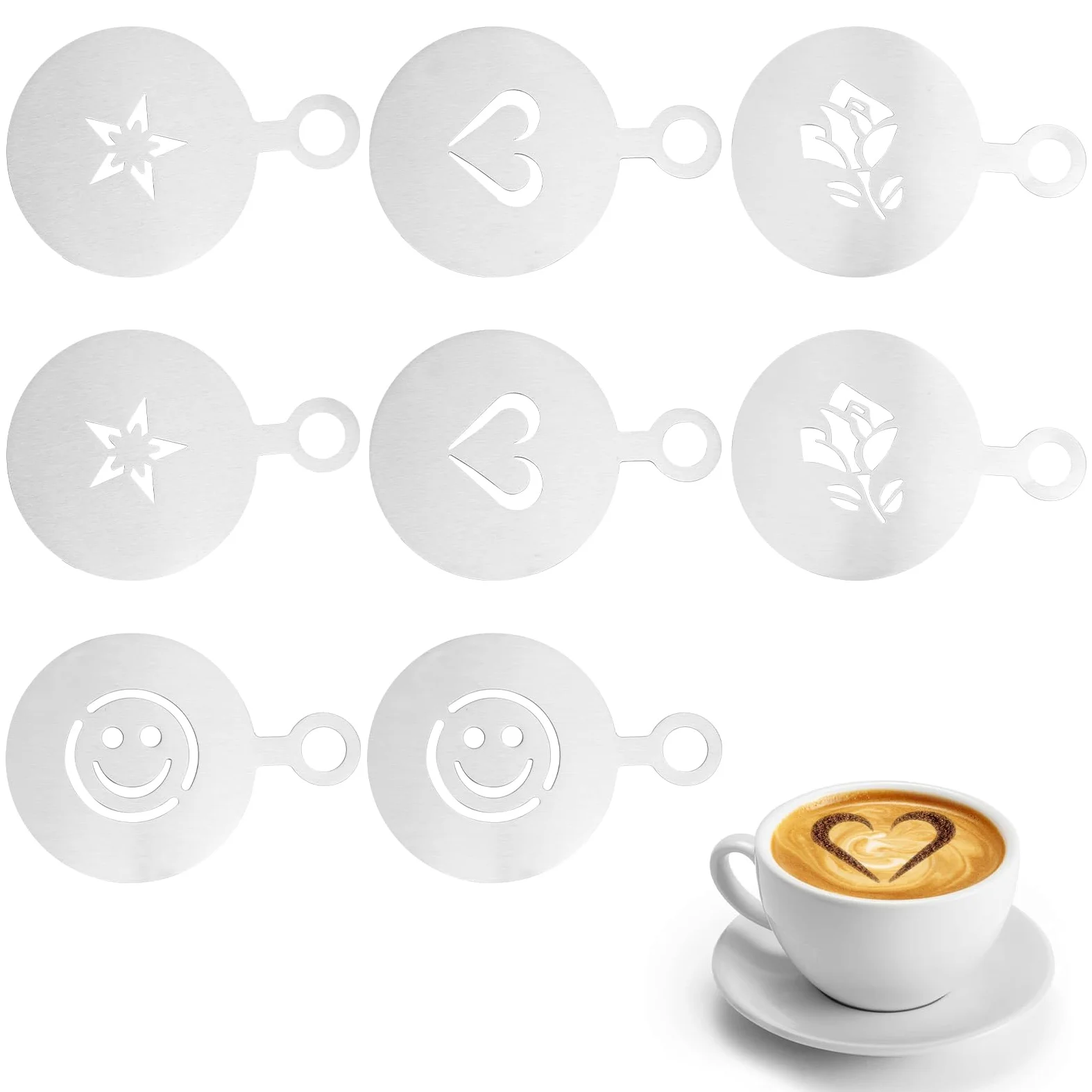 APOMOONS 8 sztuk szablonów do kawy, szablony do tortów ze stali nierdzewnej, akcesoria do kawy do latte art, cappuccino, dekoracja ciasta, 12 x 8,5 cm, 4 wzory