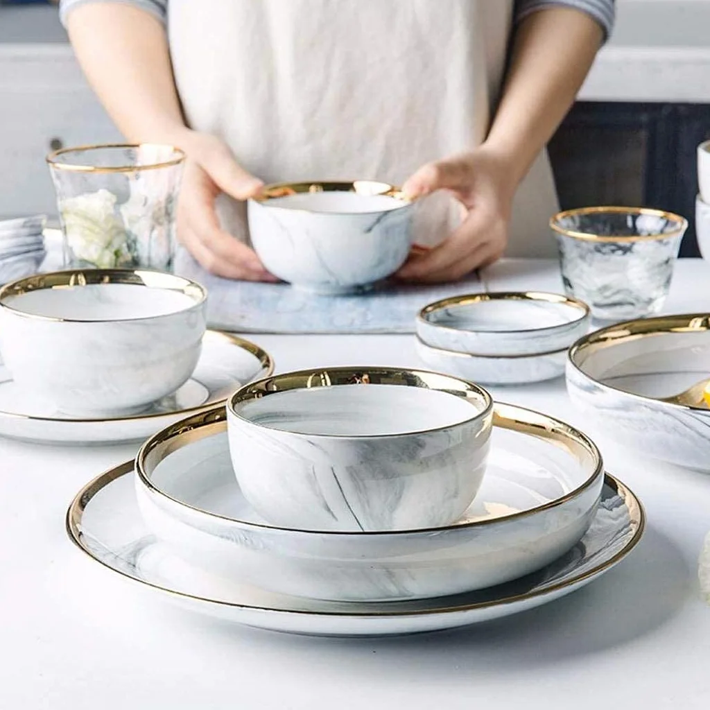Ceramiczna zastawa stołowa, 26 sztuk Phnom Penh Szary marmur Ceramika Zestaw obiadowy Porcelanowa miska Danie Łyżka Zastawa stołowa Usługa łączona dla 6 osób