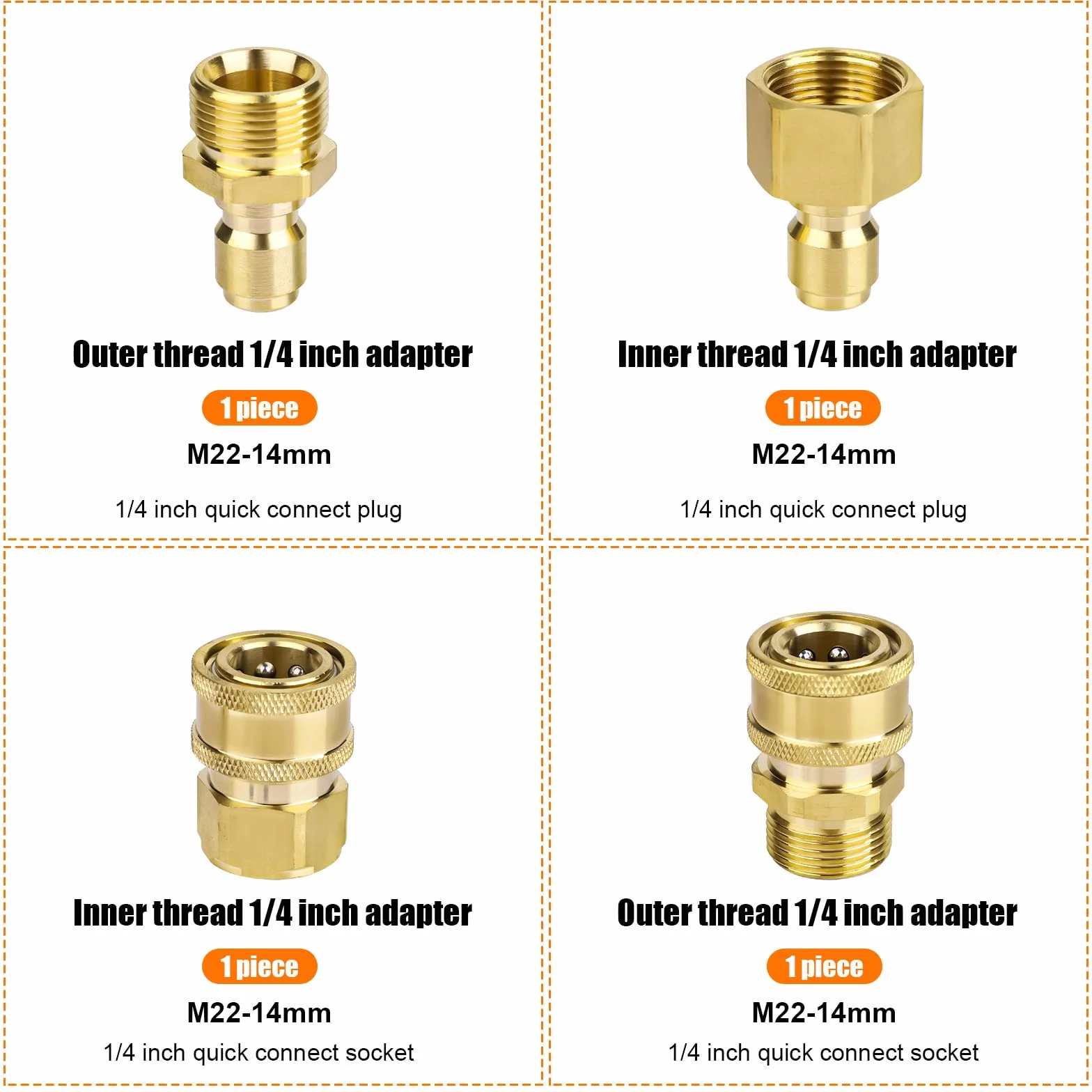 4szt M22-14mm do 0,64cm Zestaw Adapterów do Myjki Cisnieniowej, Adapter do Myjki Wysokocisnieniowej Szybkiego Laczenia i Szybkiego Odlaczania 0,64cm do Weza Myjki Wysokocisnieniowej 5000 PSI