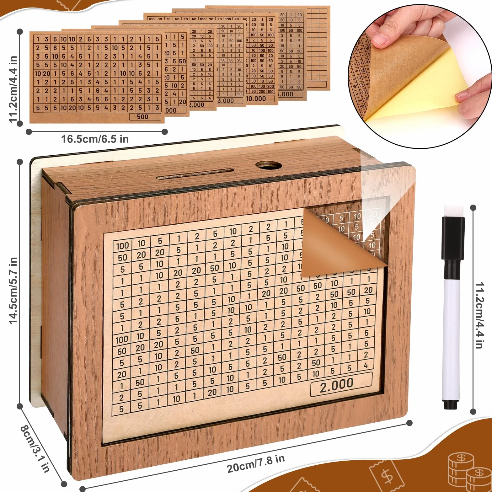GWHOLE Skarbonka z drewna 5000 € cel retro skarbonka pudełko do przechowywania, pudełko do przechowywania z liczbami, krzyżykiem, świnka skarbonka Fortune Box wielokrotnego użytku, z celem