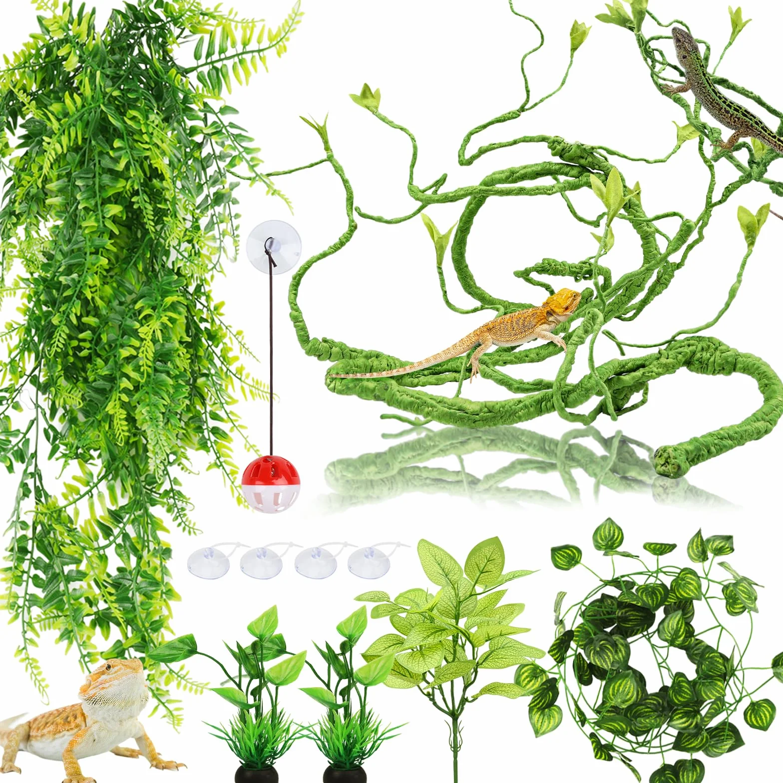 QUOZUO Akcesoria do zbiorników brodatego smoka, rośliny gadów, składana dżungla, sztuczne wiszące rośliny, elastyczne plastikowe liście, dekoracja smoka brodaty jaszczurka wąż