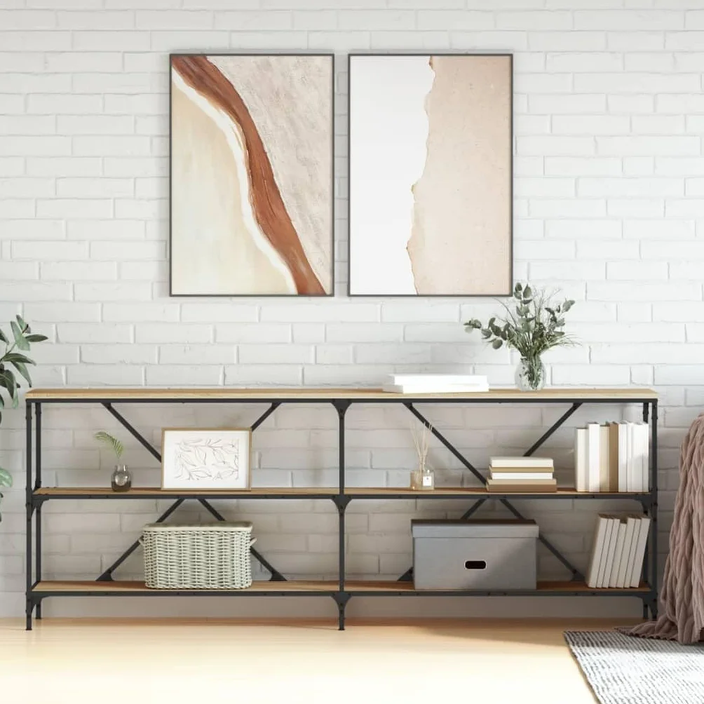 Stół konsoli z drewna i żelaza 200 x 30 x 75 cm | Regulowane nóżki z plastikowymi podkładkami, podwójna poprzeczka X, zintegrowane przechowywanie, mocowanie ścienne w zestawie