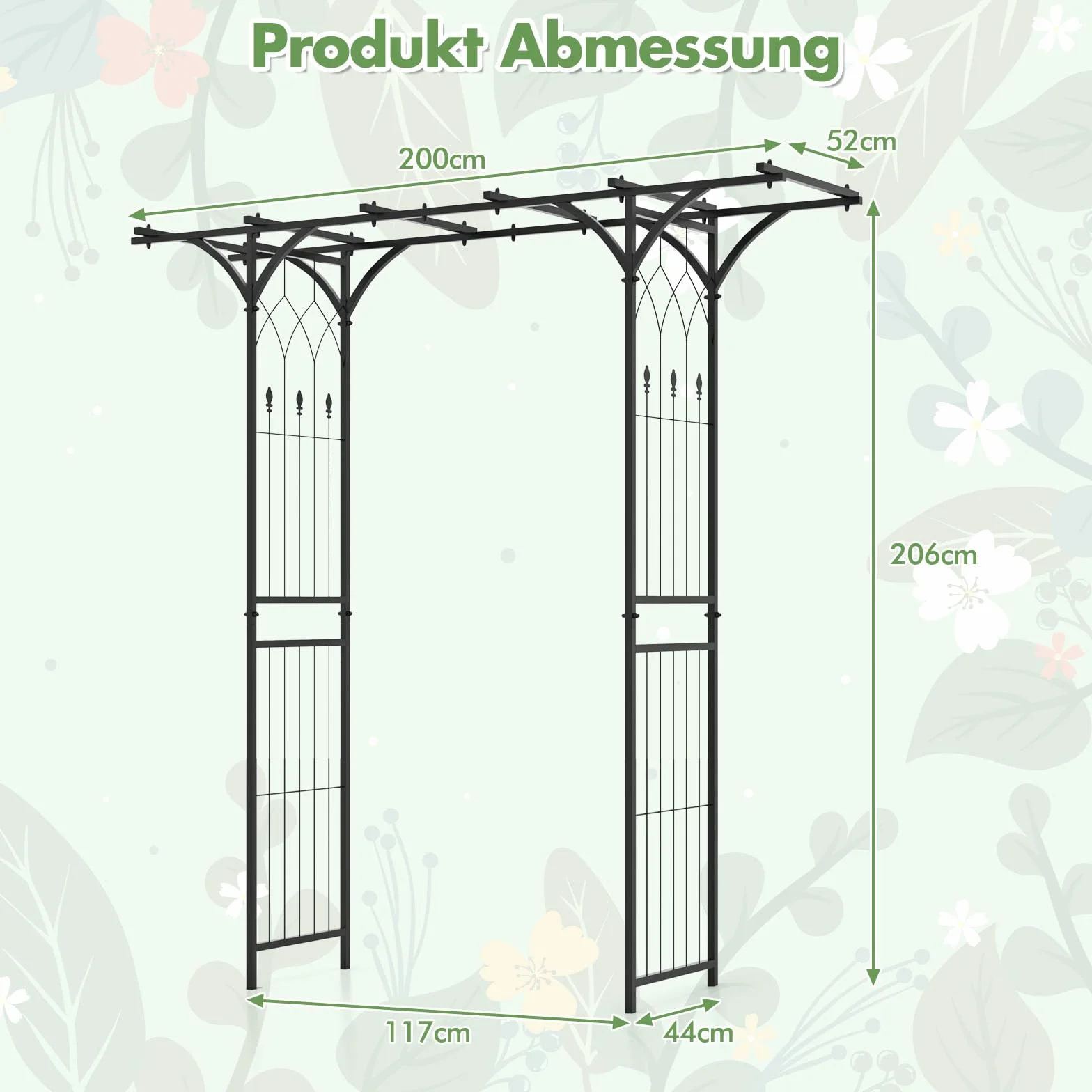 GOPLUS Łuk do róż z metalu, 200 x 52 x 206 cm, łuk ogrodowy z kratkami i rozszerzonym dachem, pergola, pomoc dla roślin pnących, łuk weselny do ogrodu, na wesele i imprezę
