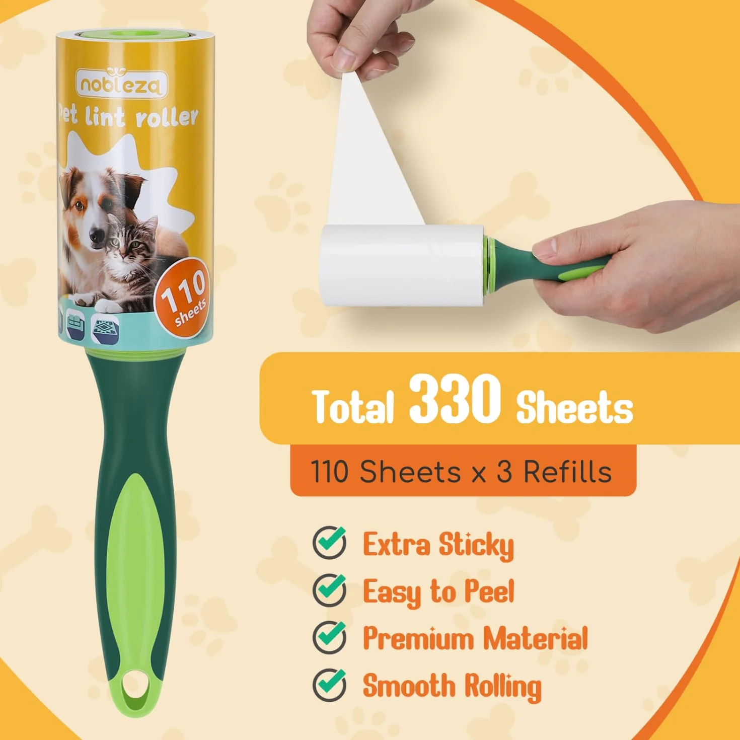 Nobleza Pet Hair Remover, Pet Lint Roller, 330 wymiennych ostrzy do usuwania kłaczków dla zwierząt domowych i 1 uchwyt, usuwanie kłaczków dla psów i kotów, zestaw 3, wyjątkowo lepki