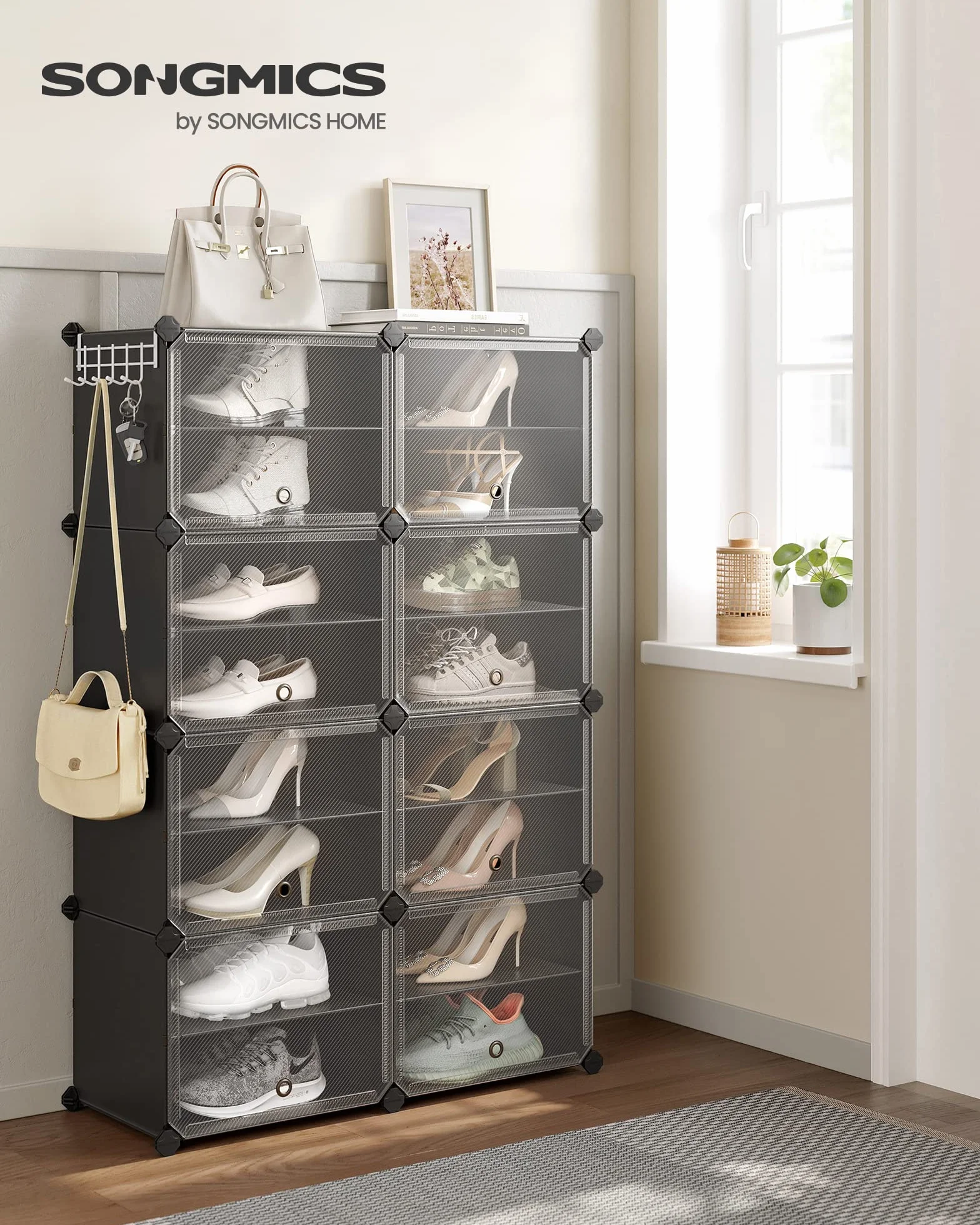 SONGMICS Regał na buty, modułowy regał z 8 przegródkami, na 32 pary butów wejściowych, z drzwiami, stalową ramą i plastikowymi półkami, sypialnią, czarno-przezroczystym LPC034B01