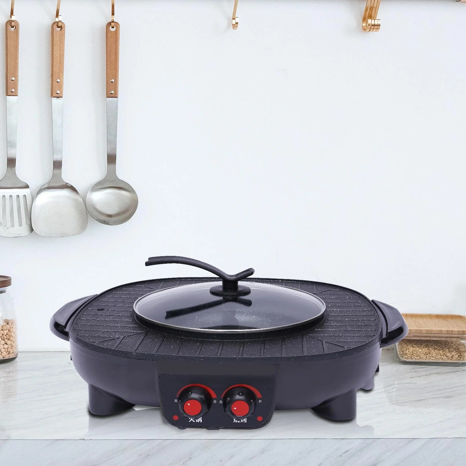 Hotpot i grill 2 w 1, 2000 W, elektryczny grill Hot Pot i Bbq, regulacja temperatury, zdejmowana płyta grzewcza, dla rodziny, na imprezę