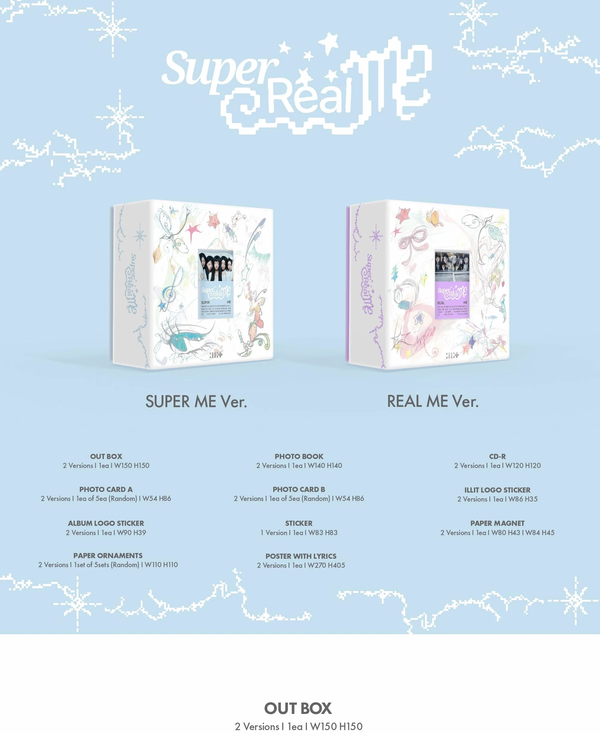 DREAMUS ILLIT Super Real ME 1. mini album CD + plakat z tekstami na opakowaniu, fotoksiążka, fotokartka, fotokartka, naklejka + magnes papierowy, ozdoby papierowe, śledzenie zamknięte (zestaw (Super