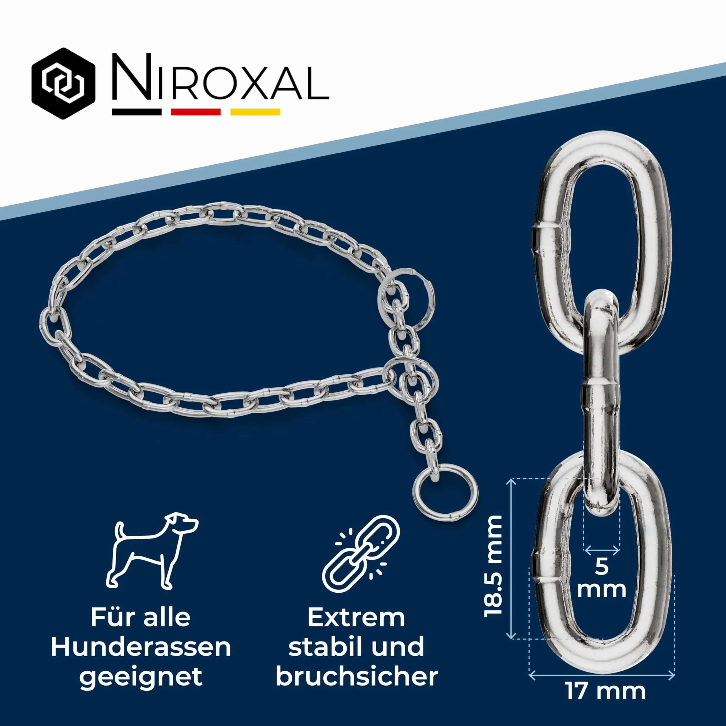 Nierdzewny łańcuch z blokadą ciągu do treningu psa – obroża dla psa ze stali nierdzewnej – krótkie ogniwa o grubości 5 mm – długość 60 cm naszyjnik dla psa z ogranicznikiem ciągu