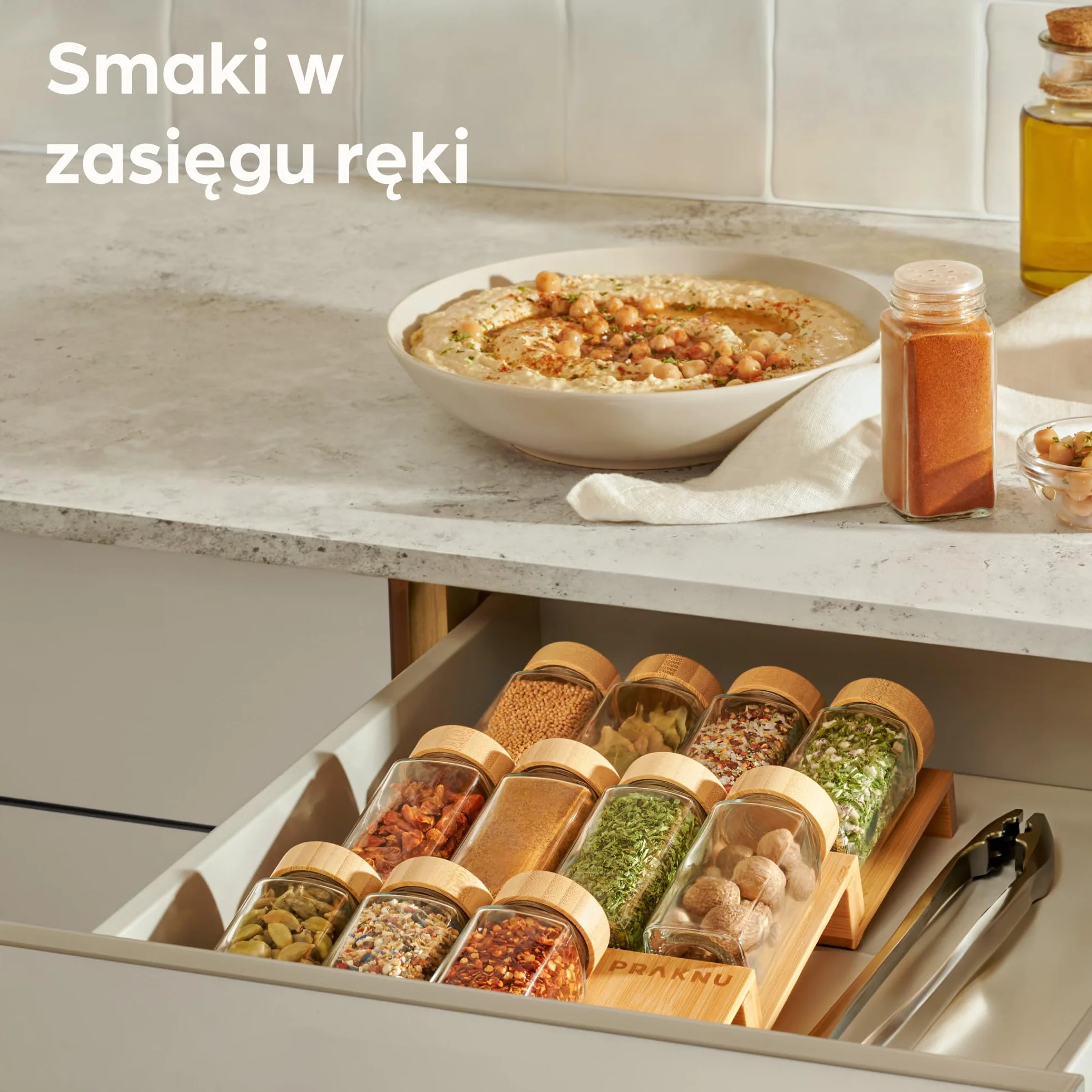 Stojak na Przyprawy do Szuflady Bambusa FSC® - na 12 słoiczki z przyprawami (19 x 13 x 3 cm) - z matą antypoślizgową - 3 tier, organizer na przyprawy