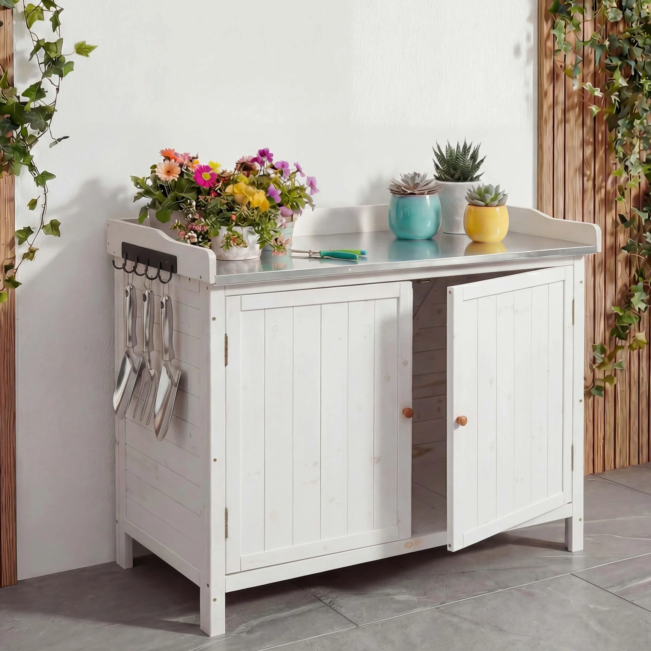 Mendler HWC-L69 szafka ogrodowa z blatem roboczym, stół na rośliny, jodła do użytku na zewnątrz, z certyfikatem FSC®, 86 x 104 x 52 cm, biała