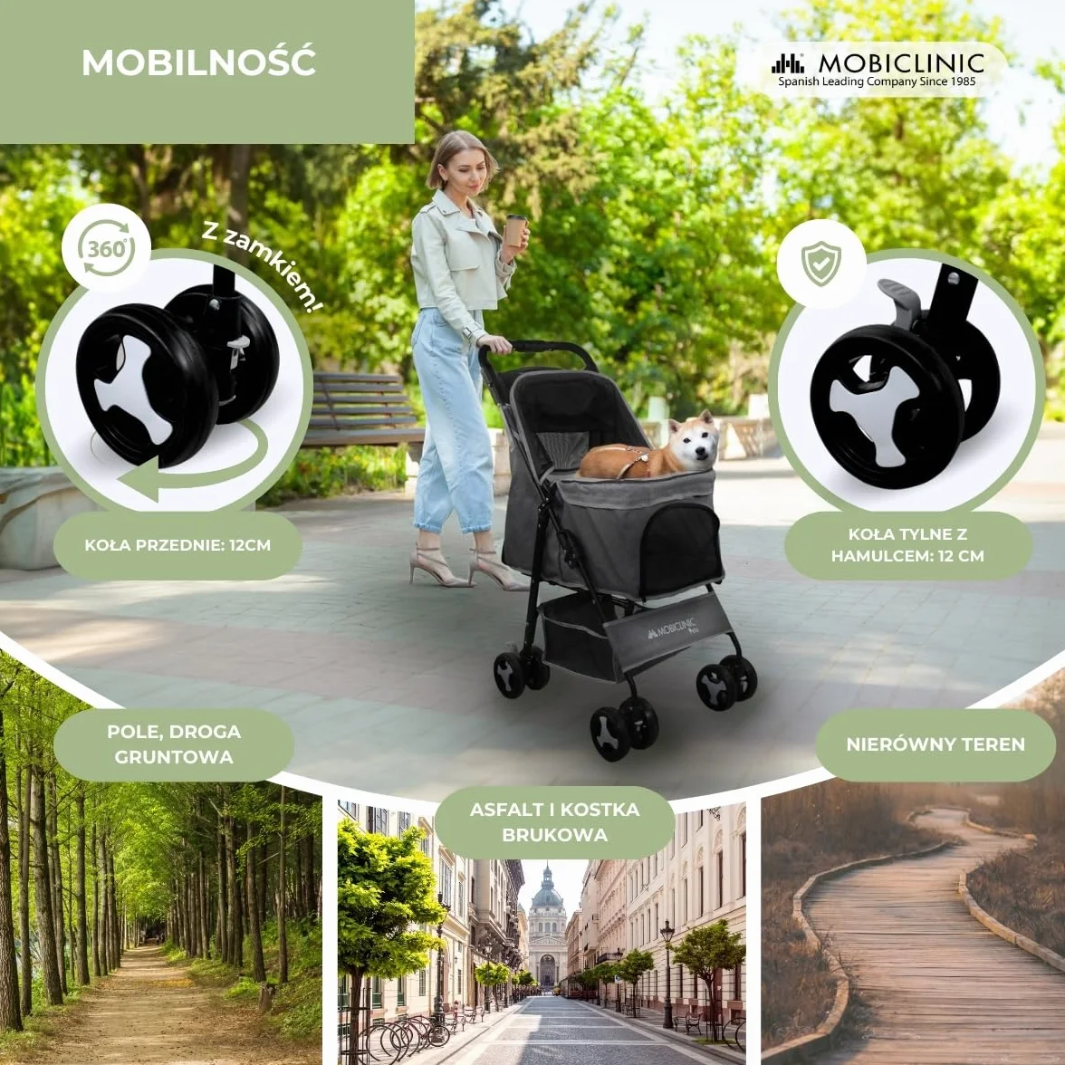 Mobiclinic®, Składany wózek dla psa, Do 15 kg, Małych Psów, Koł z hamulcami 360°, Kosz xl, 3 Okna Zamkiem Błyskawicznym i Moskitierą, Zuma (Szary)