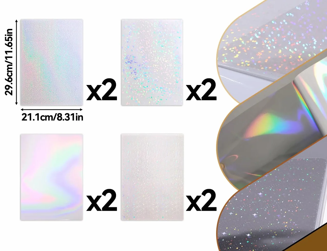 8 arkuszy folii holograficznej, samoprzylepne, wodoodporne, brokatowe naklejki, naklejki winylowe holograficzne, służące do rękodzieła DIY, dekoracja szyb (4 style)