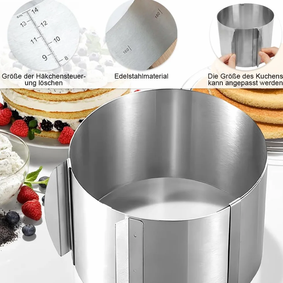 Pierścień na tort regulowany, wysoki pierścień na tort, z dwoma uchwytami do ciągnięcia, idealnie nadaje się do tortów warstwowych, regulowany 16-30 cm, odporny na wysokie temperatury, stal