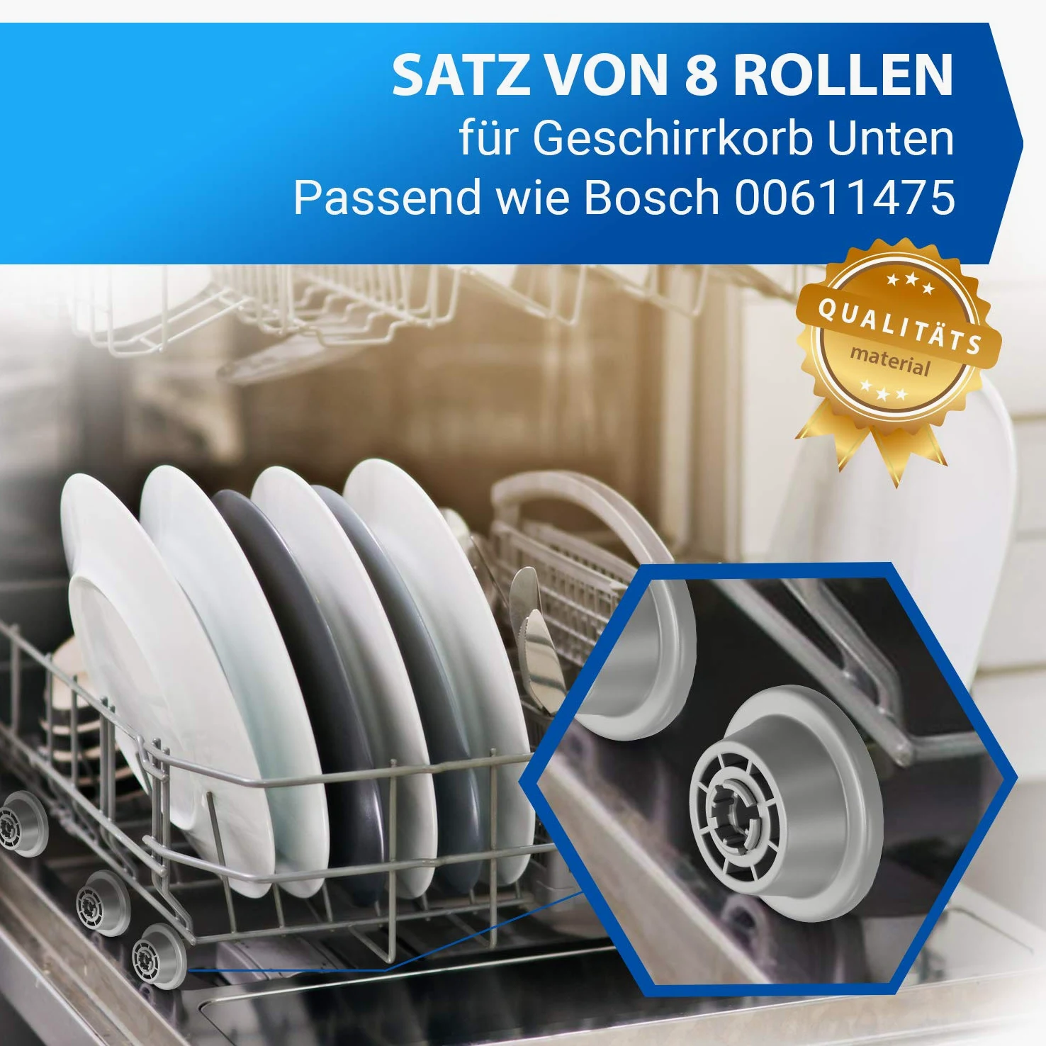 VIOKS 8 x kółka do kosza Zestaw kółek do zmywarki Zamienniki dla Bosch 00611475 Siemens 611475 Küppersbusch 436718 Kółka do dolnego kosza z uchwytem kółka dla zmywarki do naczyń