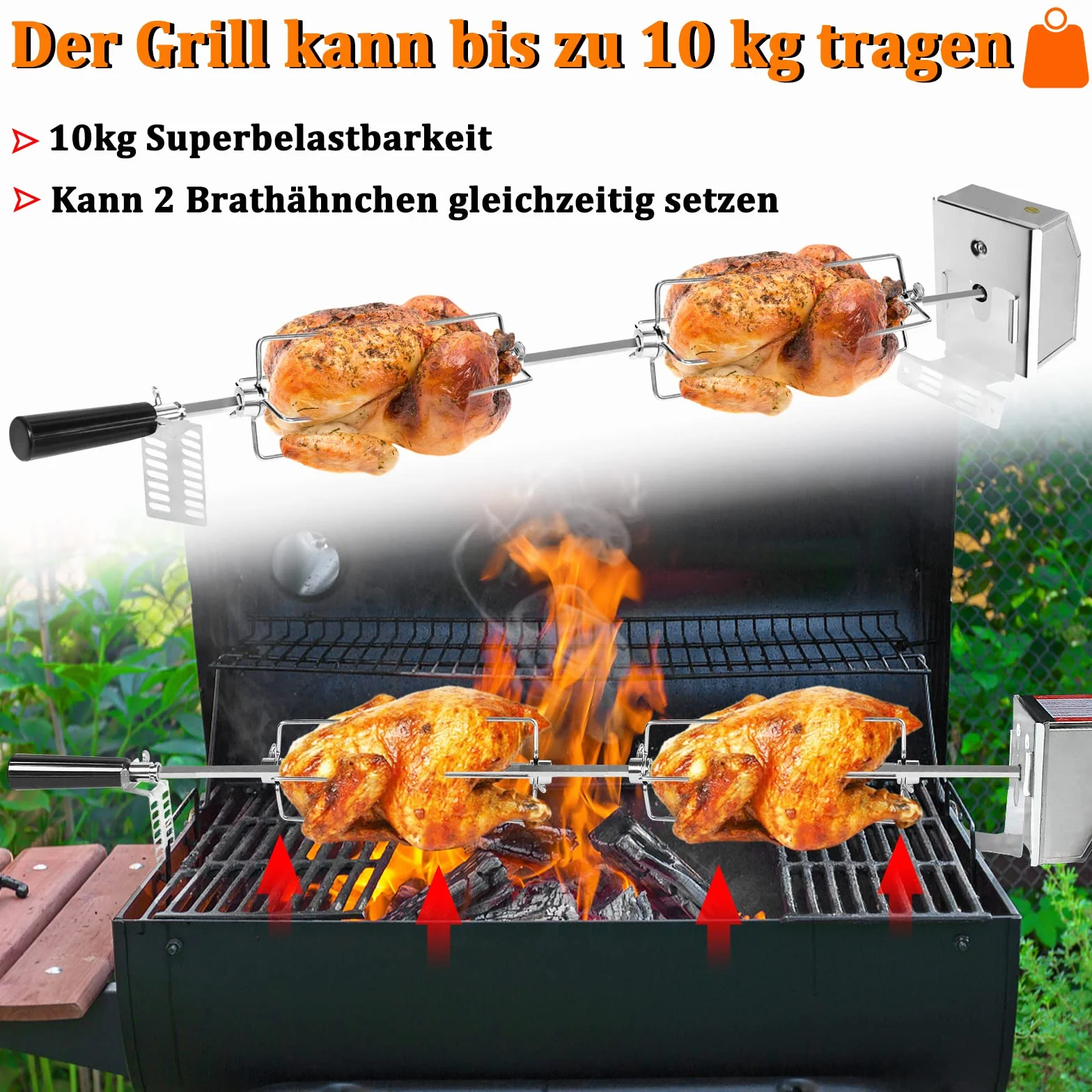 UISEBRT Zestaw szpikulców do grilla, 107 cm, stal nierdzewna, z silnikiem, 220 V - 240 V, z 2 igłami do mięsa