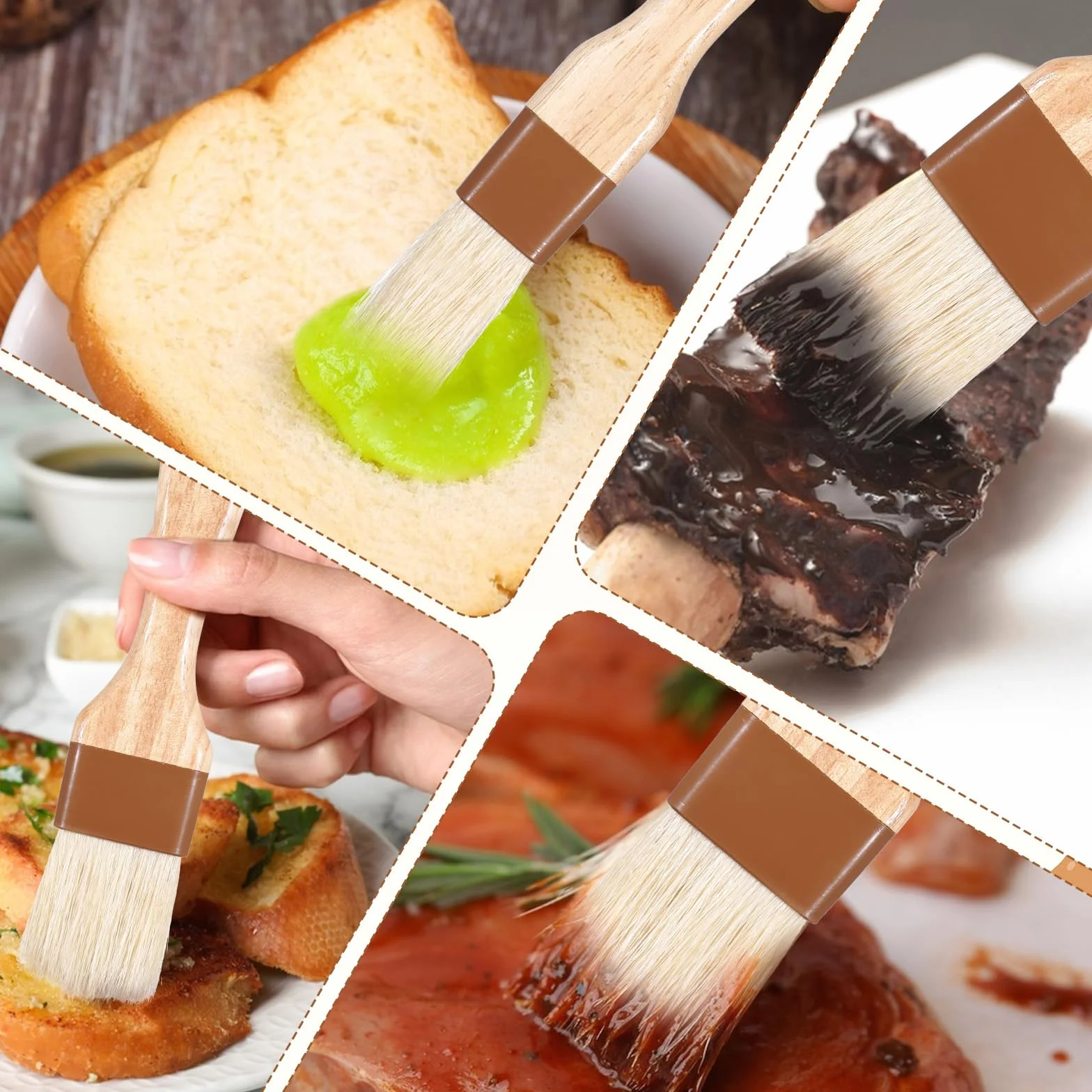 Larrel Zestaw 3 pędzli do pieczenia, naturalne włosie z drewnianym uchwytem, odporne na wysokie temperatury, pędzle do grilla, do pieczenia, majsterkowania, oleju, wielokrotnego użytku, do oleju