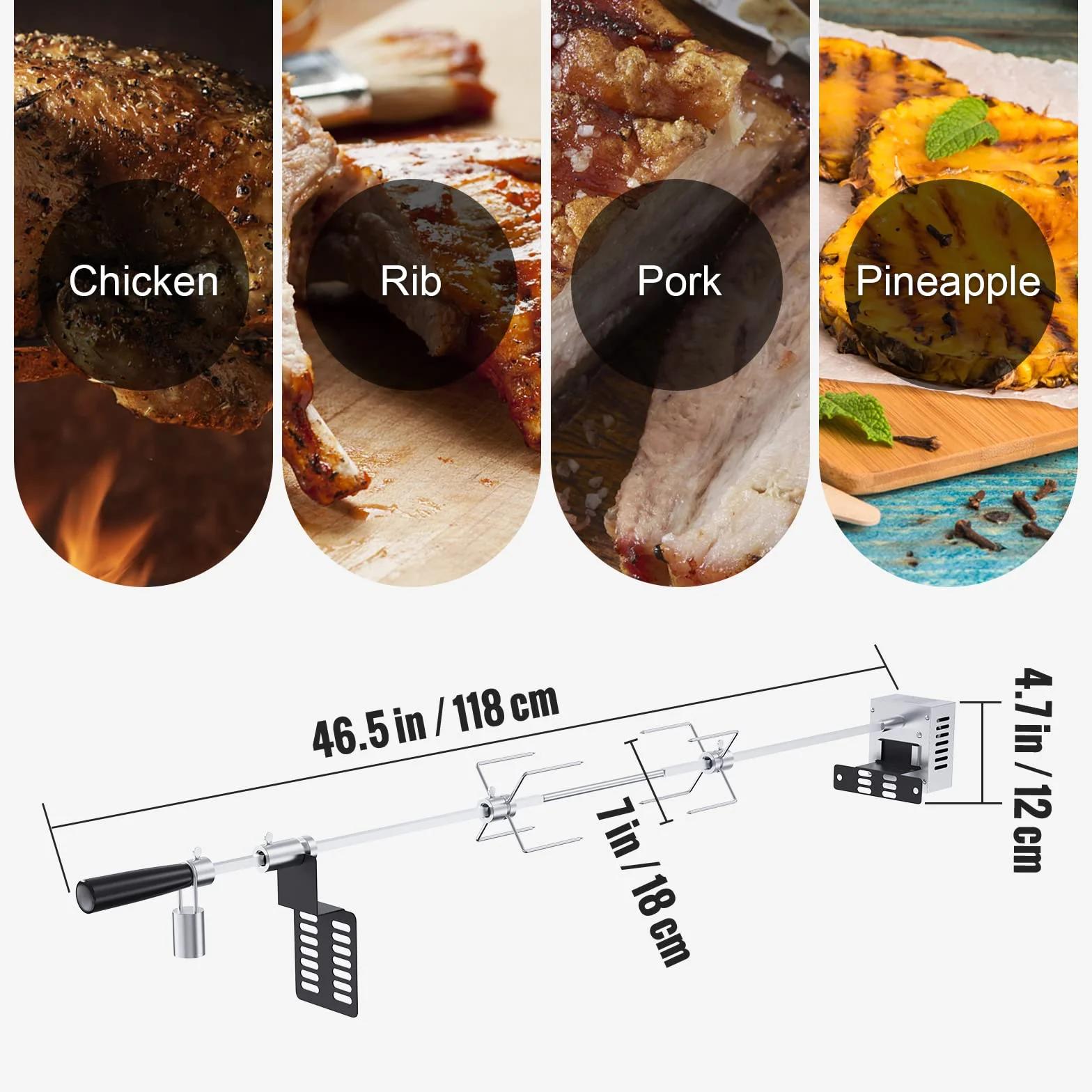 VEVOR Rożen do grilla z rożnem 9 W, długość szaszłyka 100,6 cm ze stali nierdzewnej maksymalne obciążenie 12 kg, zestaw do rożna do rożna 4 obr./min Widelec szerokość 18 cm, szpikulec na imprezę