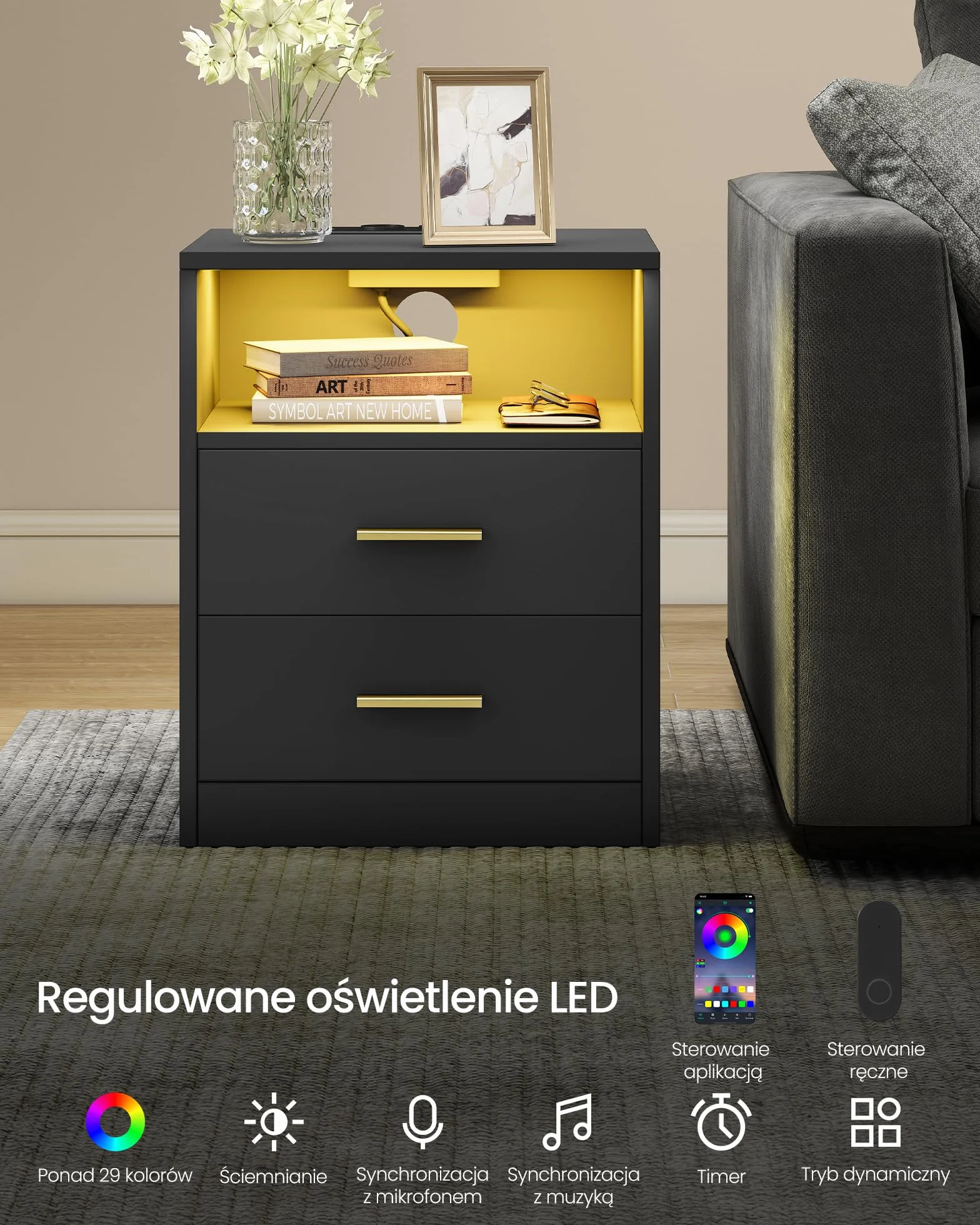 VASAGLE Kolekcja CUSTOS – stolik nocny ze stacją ładującą, zestaw 2 szt., oświetlenie LED, stolik boczny, z szufladami, 2 gniazdkami sieciowymi i portami USB, czarny atramentowy LET829BC01