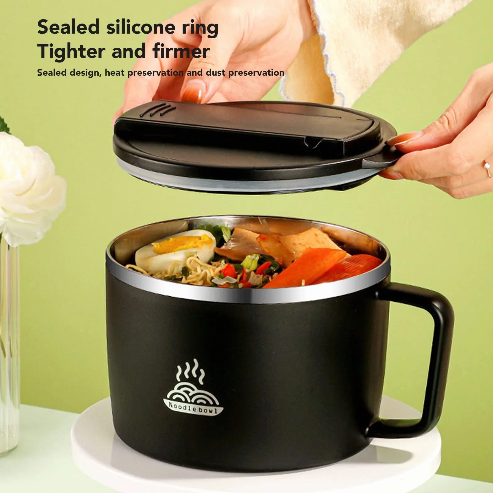 Ejoyous Miska na ramen z pokrywką, miska na makaron ze stali nierdzewnej 1200 ml Box japońska miska na zupę natychmiastowa przenośna miska na makaron miski do makaronu