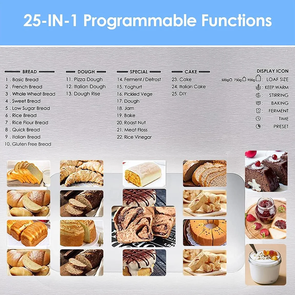 COOCHEER Backmeister automat do pieczenia chleba, 550 W, stal nierdzewna, 25 programów pieczenia, 3 formy do pieczenia i 3 stopnie przyrumienienia, kolor srebrny