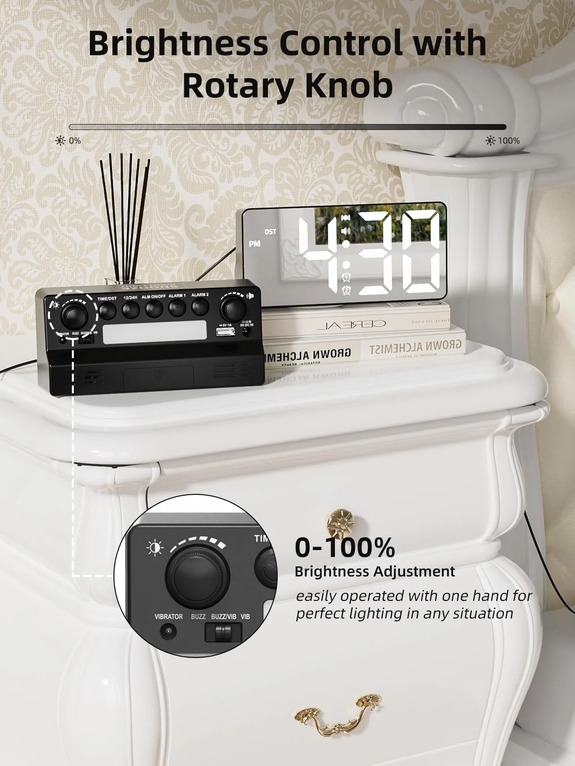 MINORZ Głośny budzik do głębokiego snu, budzik wibracyjny i lampka nocna, 3 tryby wibracji, podwójny alarm, drzemka, port ładowania USB, 12/24H i DST, idealny dla osób starszych niesłyszących