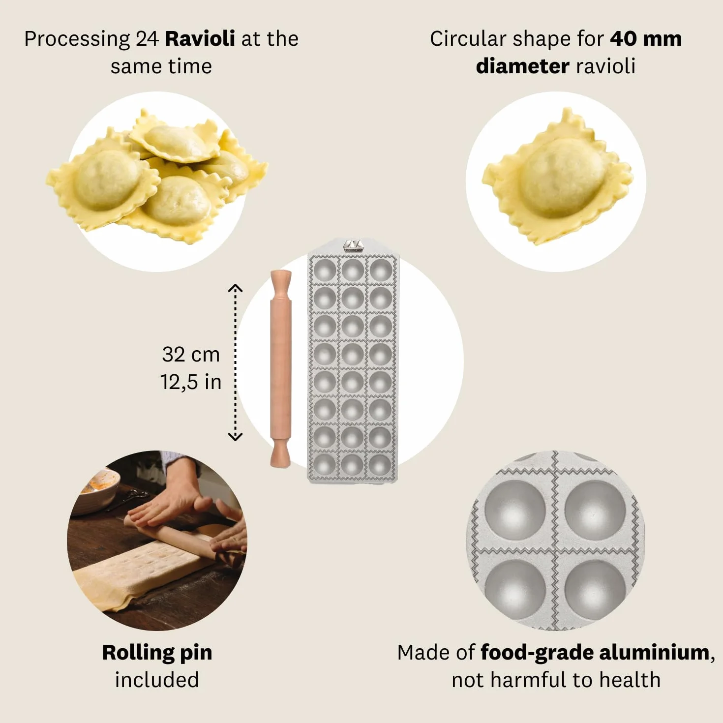 Marcato Ravioli Maker Press, maszyna do ravioli Homemade Ravioli Cutter, szlif okrągły 40 mm, duża pojemność, na 24 ravioli, wyprodukowano we Włoszech
