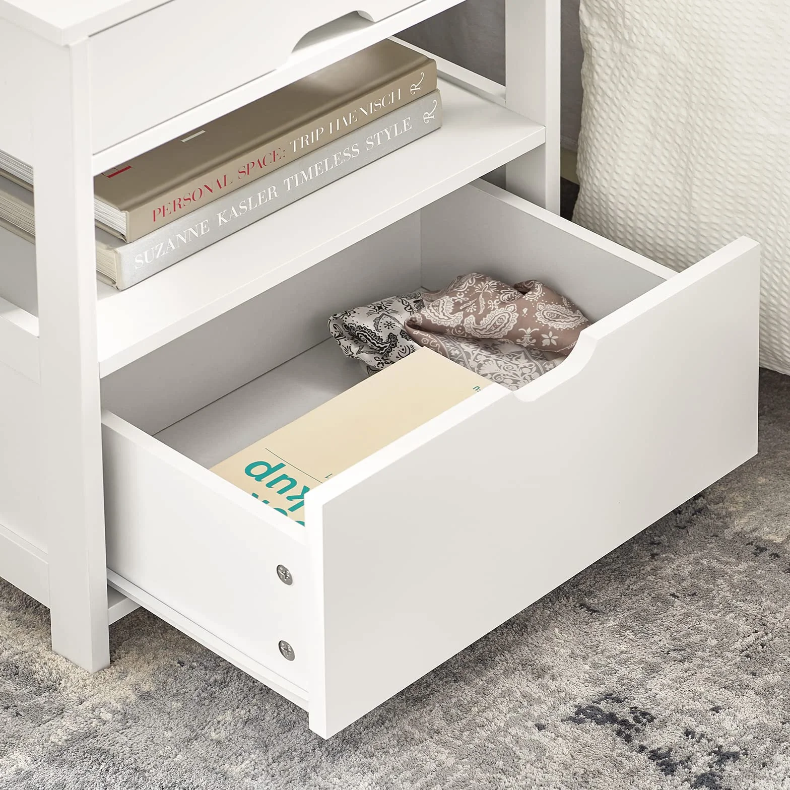 SoBuy Stolik Nocny z 2 Szufladami i Półką, Stoliczek do Sypialni - Nowoczesny Mebel do Przechowywania S45 x G38 x W55 cm Biały FRG258-II-W