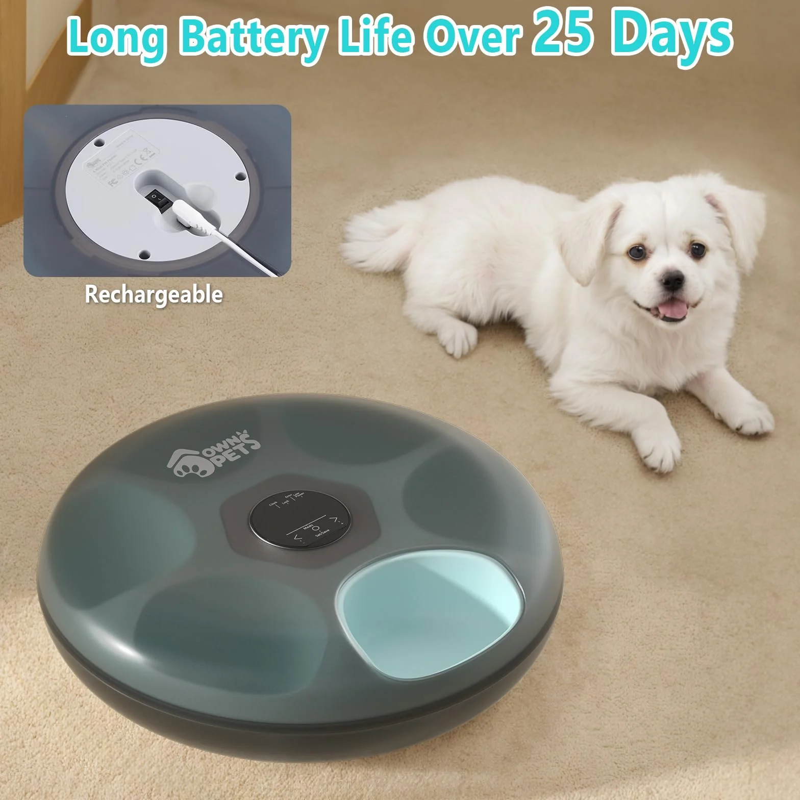 Ownpets Automatyczny podajnik dla zwierząt z licznikiem czasu, zasilanie bateryjne i USB, 6 posiłków, czarny