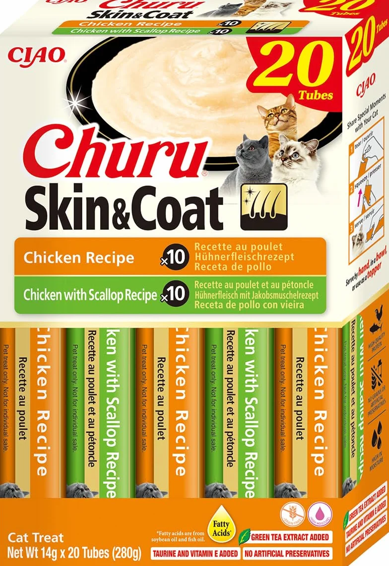 INABA Churu Skin & Coat kremowe przysmaki dla kotów z Omega 3 Omega 6, tauryną i witaminą E, kurczak 20 x 14 g, bez zbóż, bez cukru, bez produktów ubocznych, smakołyki dla kotów