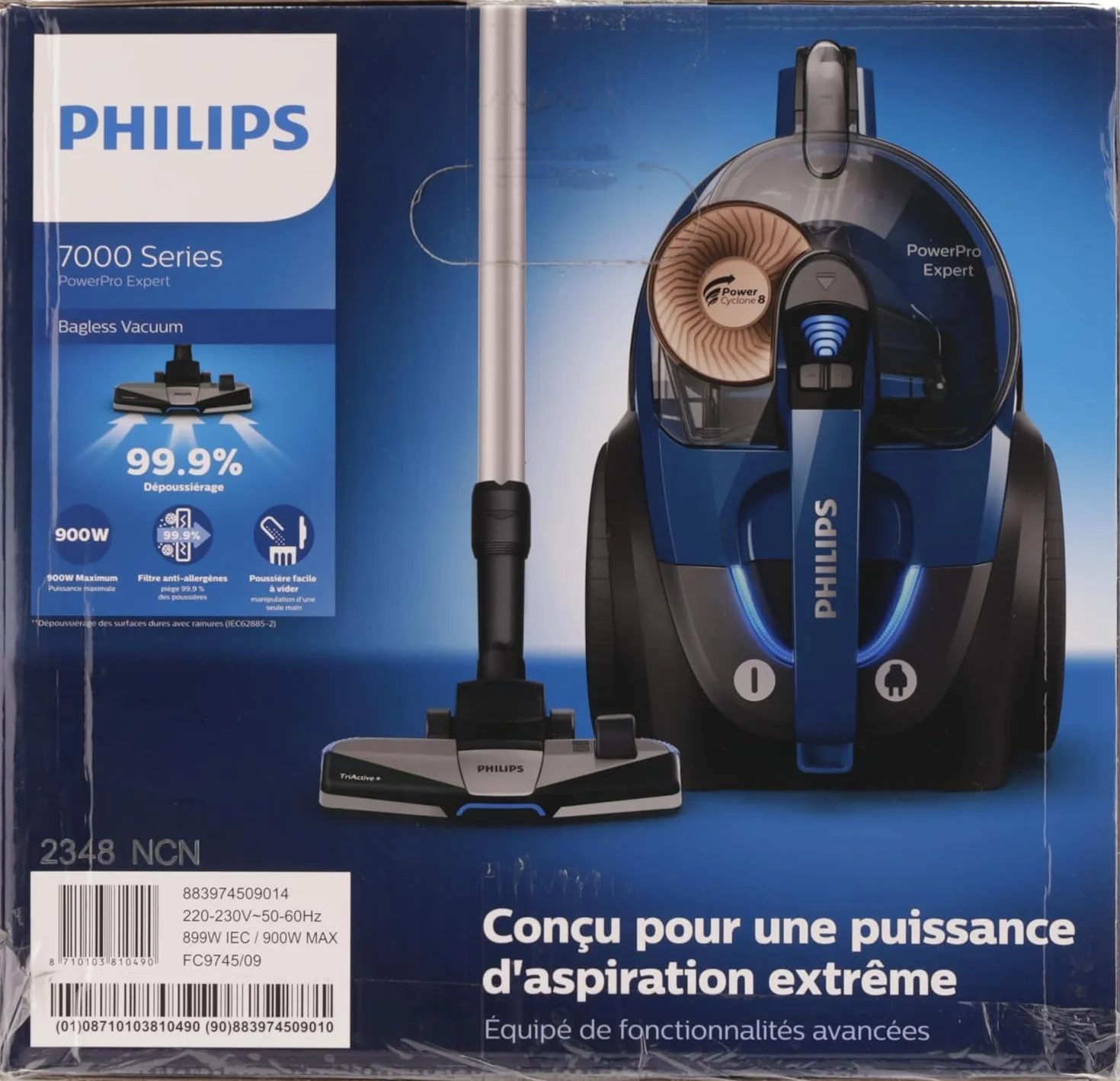 Philips PowerPro Bezworkowy Odkurzacz, Tworzywo Sztuczne, 900 W, 2 L, Blokada Antyalergiczna, Technologia PowerCyclone 8, Szczotka SuperTurbo, Kontrola Mocy, Niebieski/Czarny (FC9745/09)