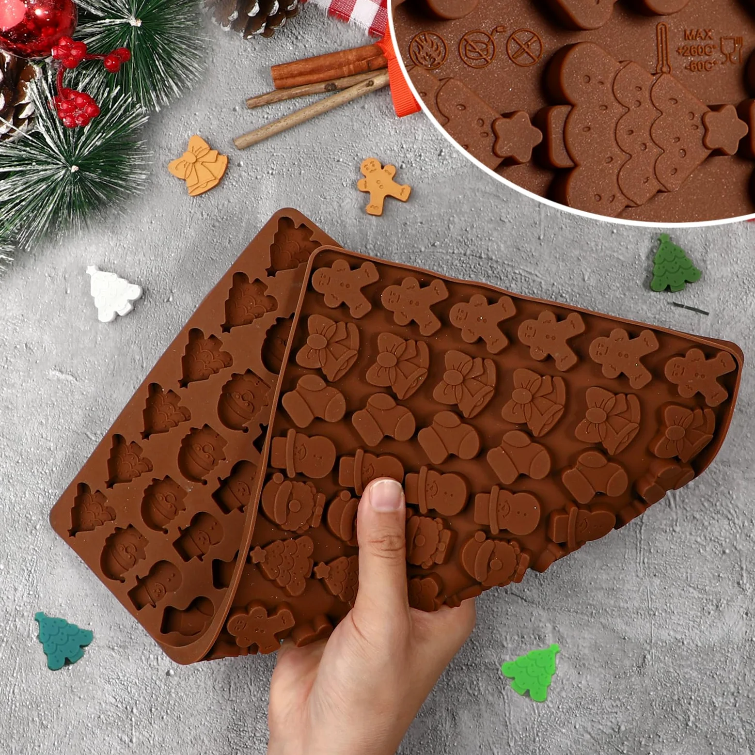 Webake Świąteczne foremki do czekolady, silikonowe formy żelowe, 2 szt., 72 wnęki, mini piernik, forma, choinka, bałwan, Boże Narodzenie, pończocha, dzwonki, formy do żelowych ciasteczek cukierkowych