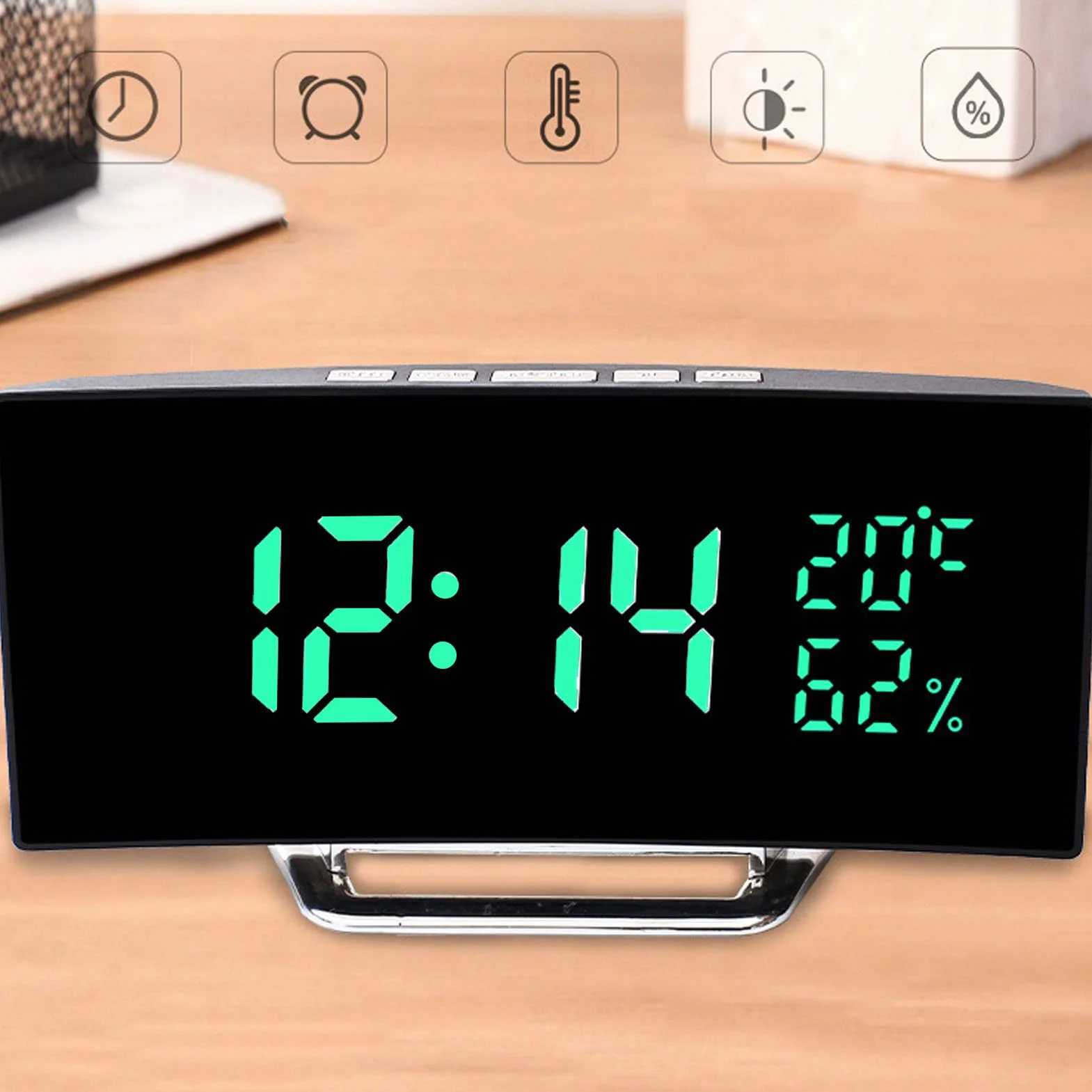 Fdit Cyfrowy Zegar LED, Podwójny Wyświetlacz 12H/24H z Monitorem Temperatury i Wilgotności, Automatyczne Przyciemnianie Trybu Nocnego, Alarm z funkcją Drzemki, Duży Ekran do Domowego (zielone światło)