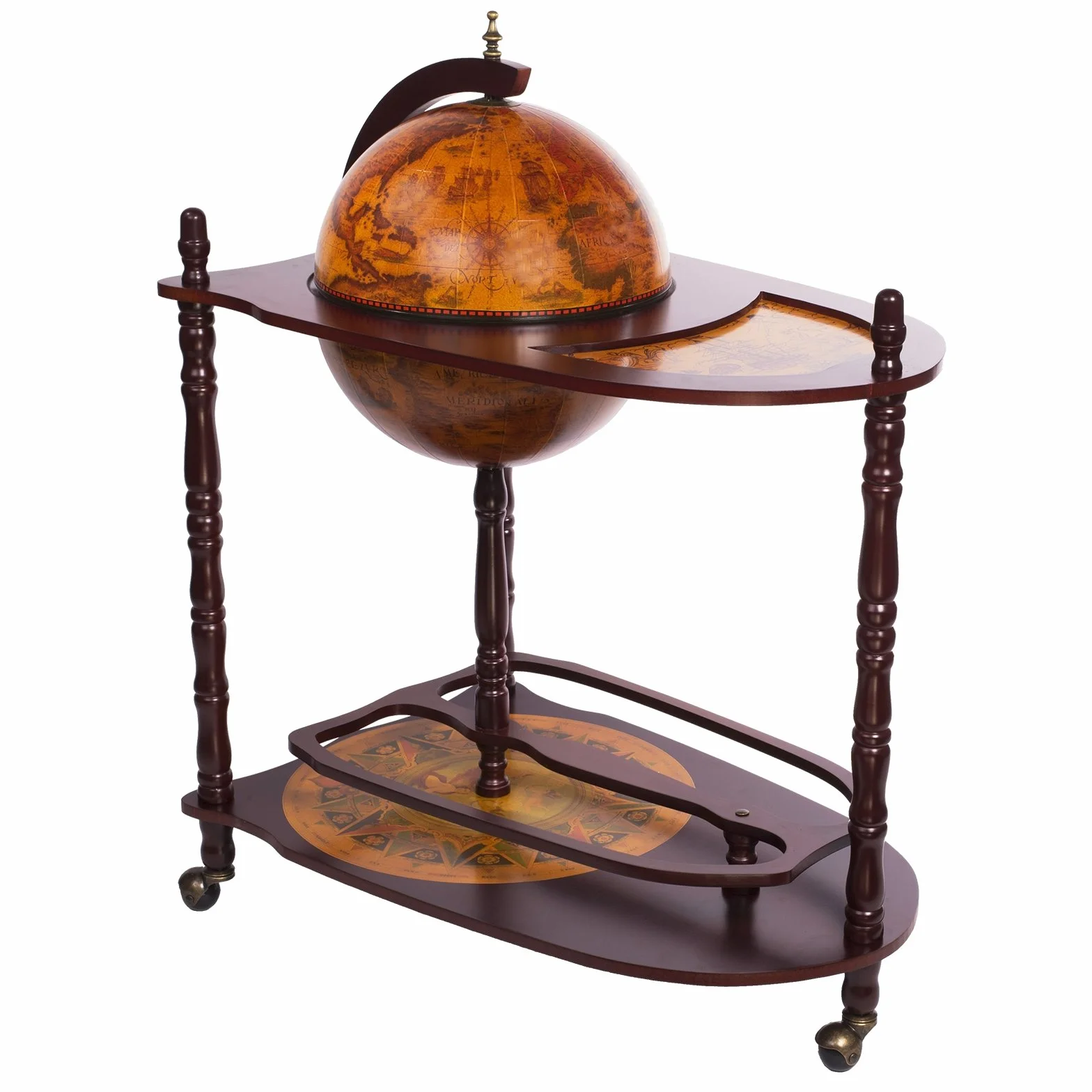 Ogromny wózek barowy 33035 z kolumnami z litego drewna eukaliptusowego i stołem do serwowania, 100 cm wysokości (otwarty) i 77 cm szerokości, antyczny bar w kształcie globusa, do domu, baru, wózka barowego, baru koktajlowego, dekoracyjny