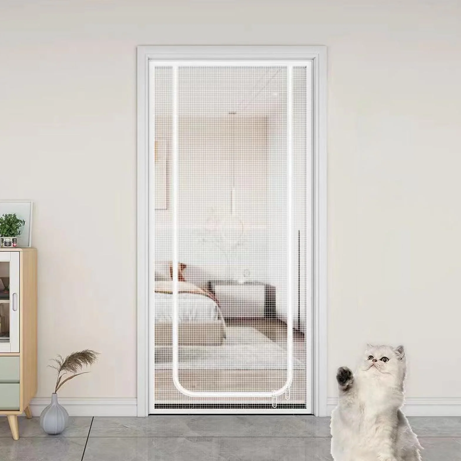 Zasłona na drzwi dla kota, 90 x 220 cm, z zamkiem błyskawicznym, wzmocniona siatka odporna na kota, wytrzymała zasłona przeciw komarom, moskitiera dla zwierząt domowych