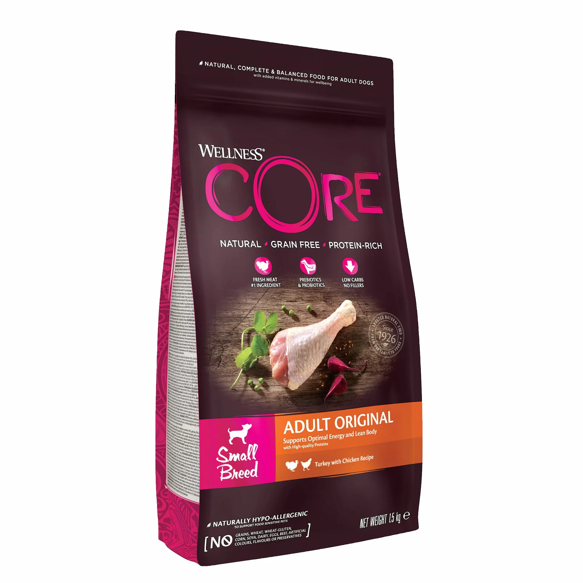 Wellness CORE Original 1.5 kg Kurczak i Indyk Sucha Karma dla Psów Małych Ras Bezzbożowa Hipoalergiczna