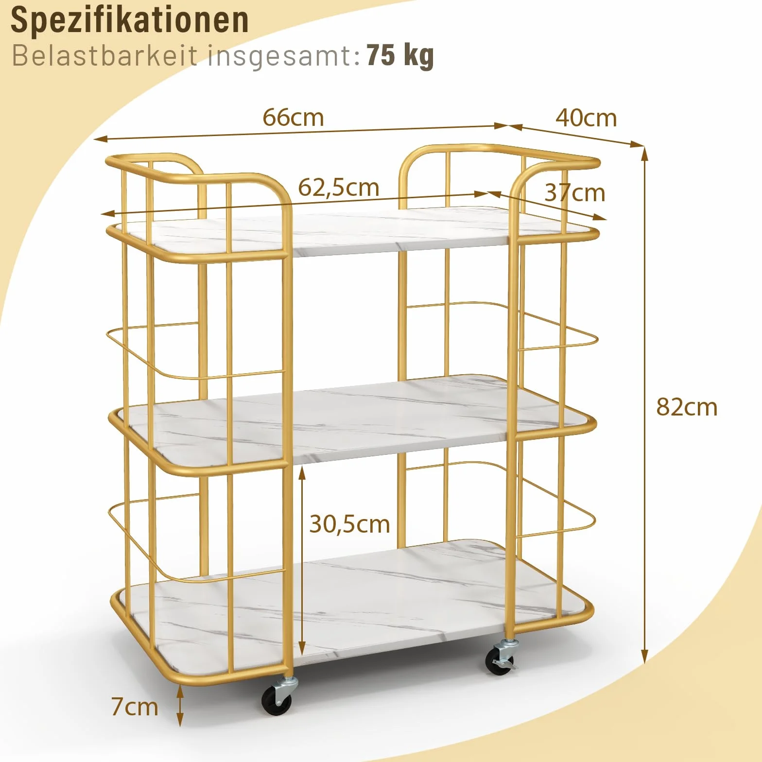 COSTWAY Wózek kuchenny z uniwersalnymi kółkami, wózek do serwowania, 3 półki, marmurowy wózek barowy, nowoczesny, mobilny wózek domowy, metalowa rama, wózek uniwersalny do domu, restauracji, złoty