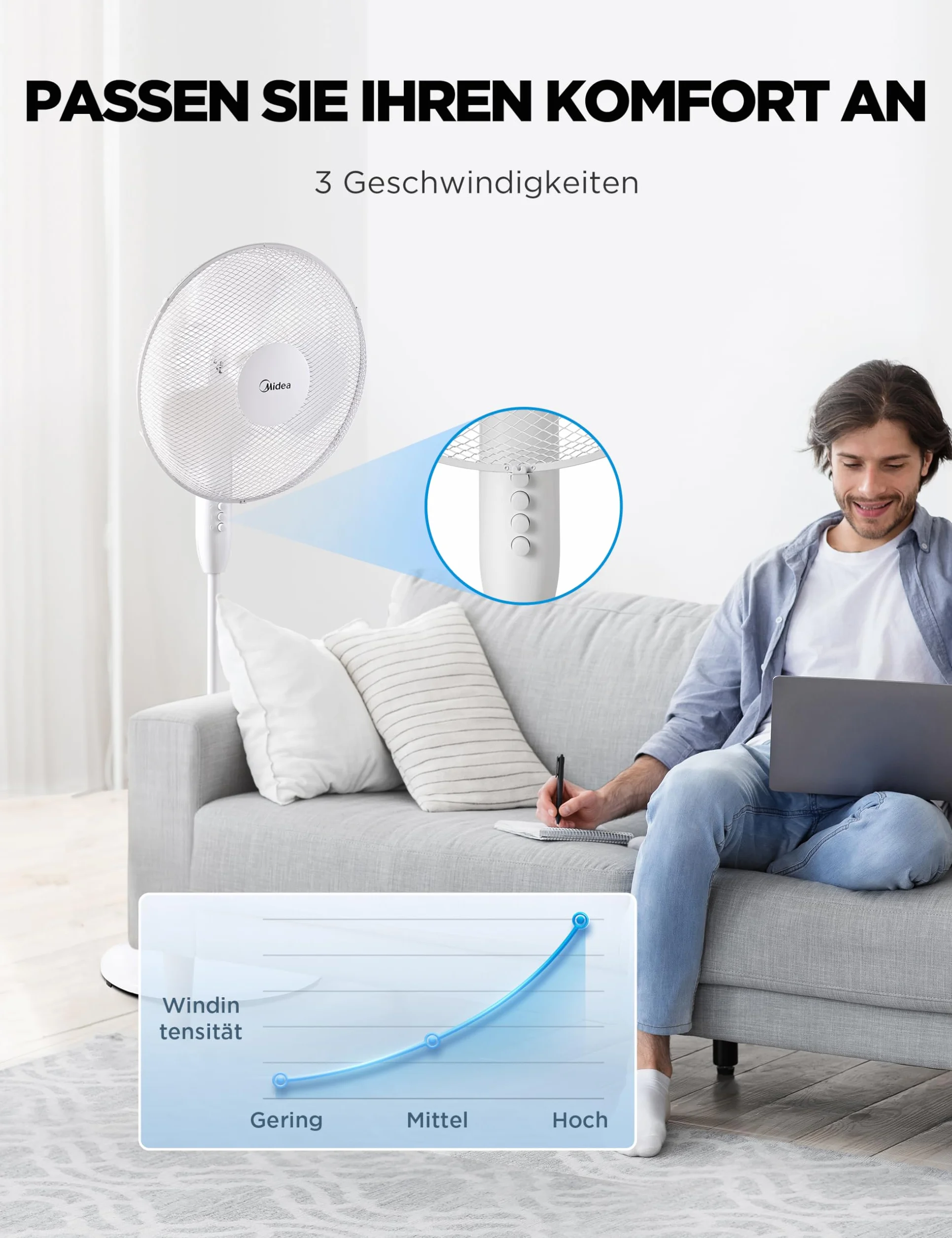 Midea FS40-16JA wentylator stojący, duża siła wiatru, duża objętość powietrza, moc 40 W, cicha praca 55 dB-65 dB, regulacja wysokości: do 130 mm, regulacja trzech prędkości