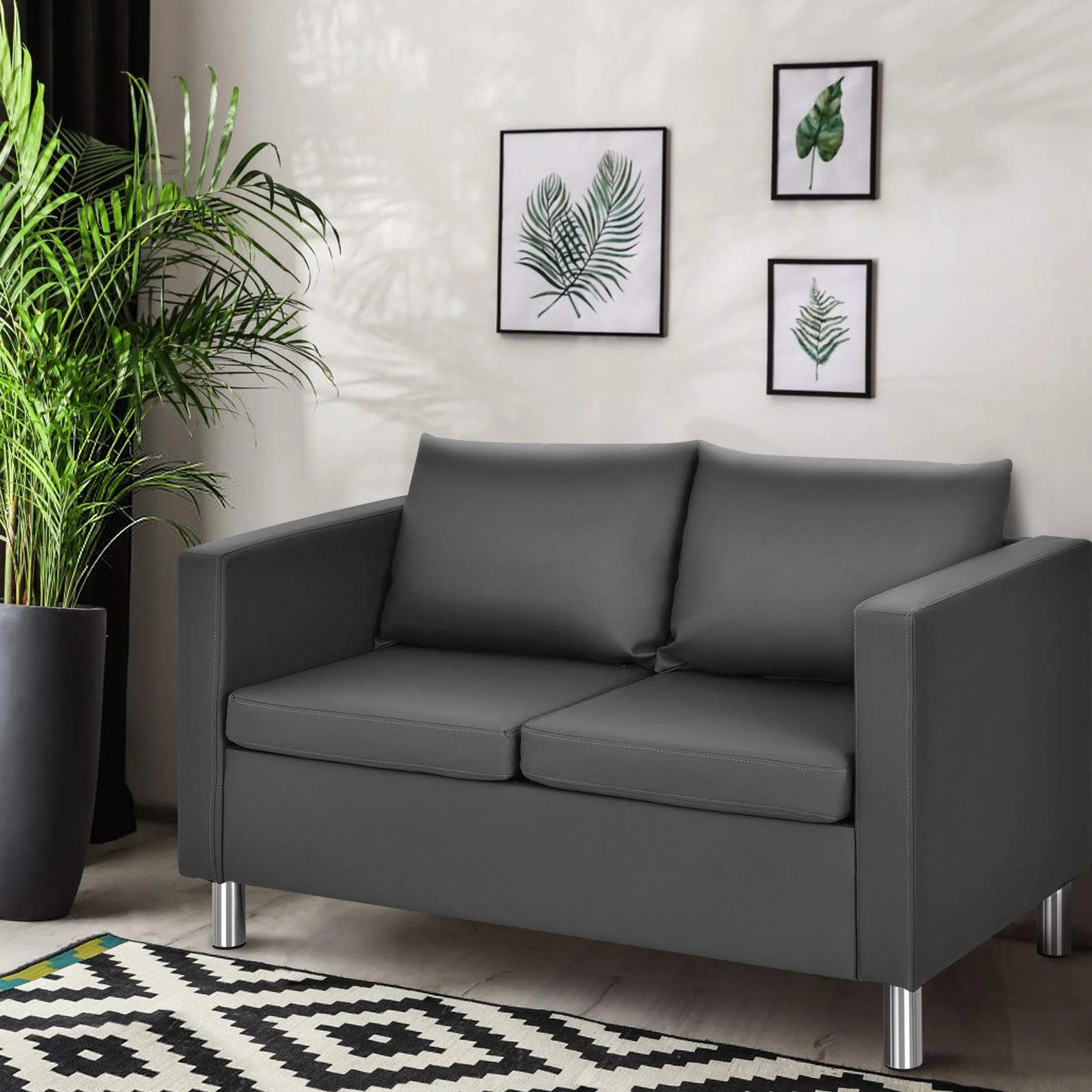 COSTWAY Sofa 2-osobowa z poduszkami, komplet sofy ze sztucznej skóry, idealny do domu i biura, szary