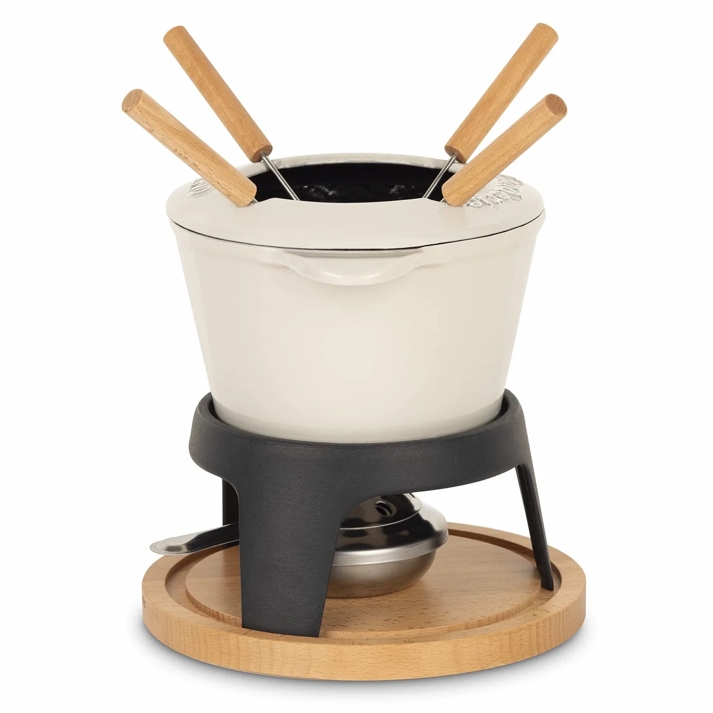 Zestaw żeliwnych Fondue dla 4 osób Mount Joly, do sera i czekolady, pokrywa zapobiegająca rozpryskiwaniu, 4 widelce z uchwytami z drewna bukowego, pojemność 1,2 l