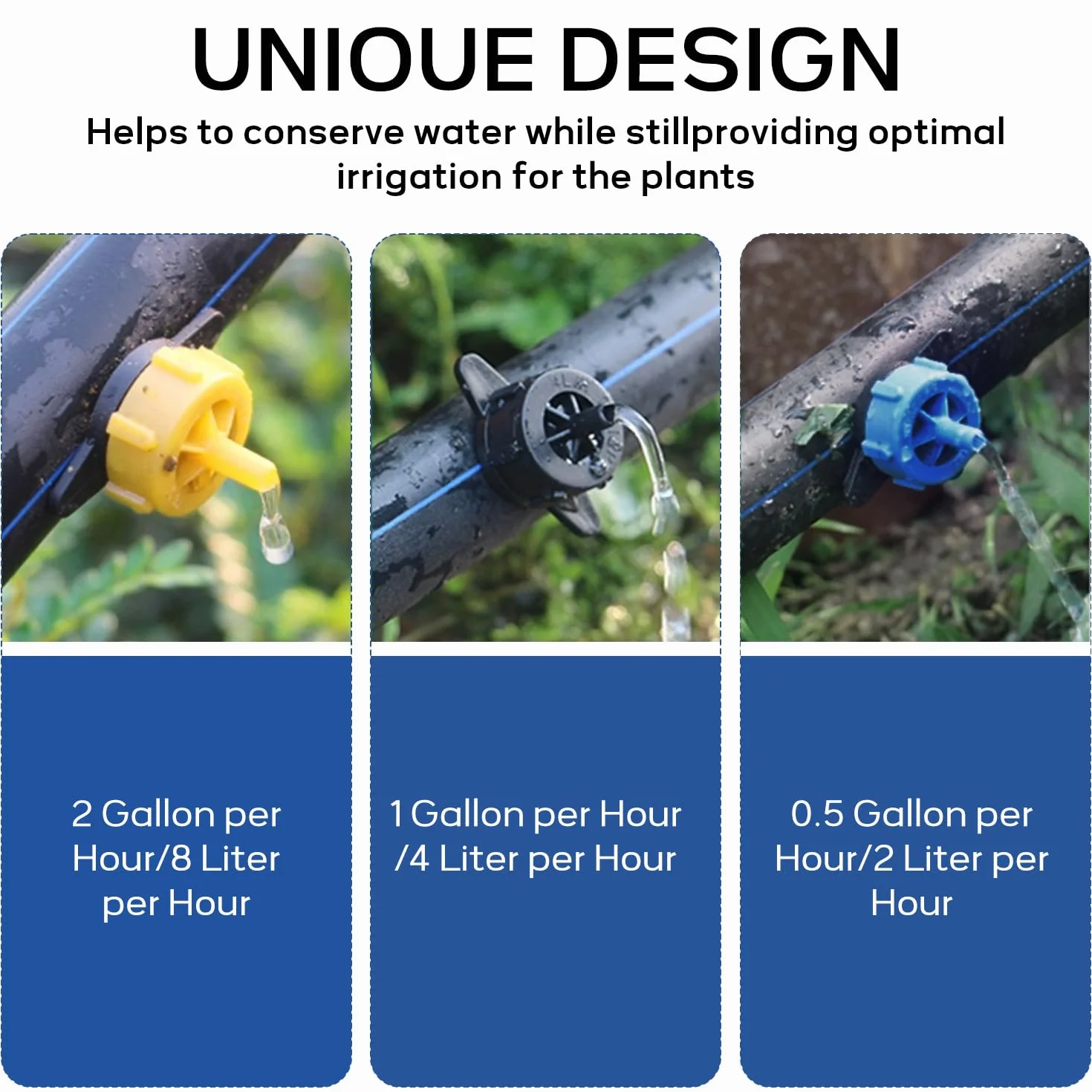 60 sztuk mikro-drip-System kroplowników z regulacją ciśnienia, 2 l/h, żółte, 4 l/h, czarne, 8 l/h, niebieskie do nawadniania w rolnictwie i prac ogrodowych