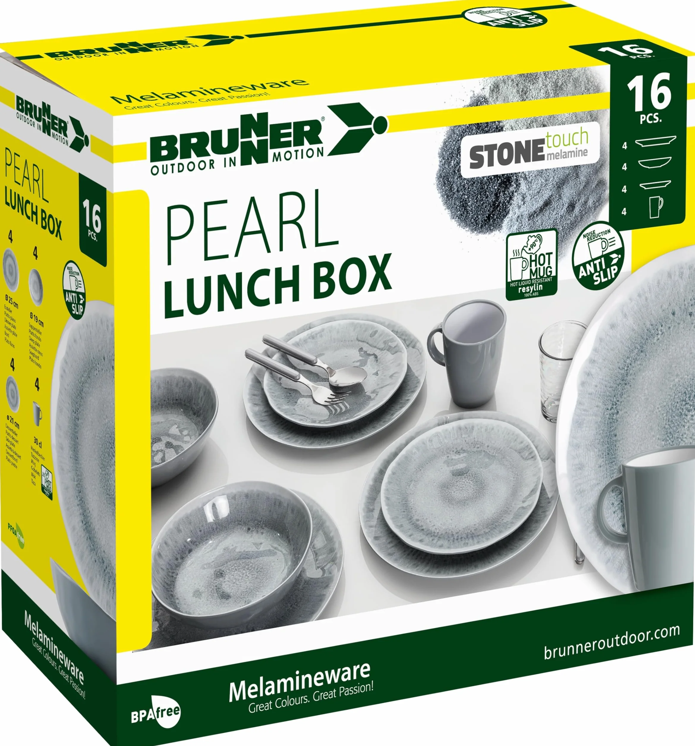 BRUNNER Melamin Ess Geschirr Zestaw Lunch Box 16-Teilig Camping Reise Teller Becher Stonetouch Pearl