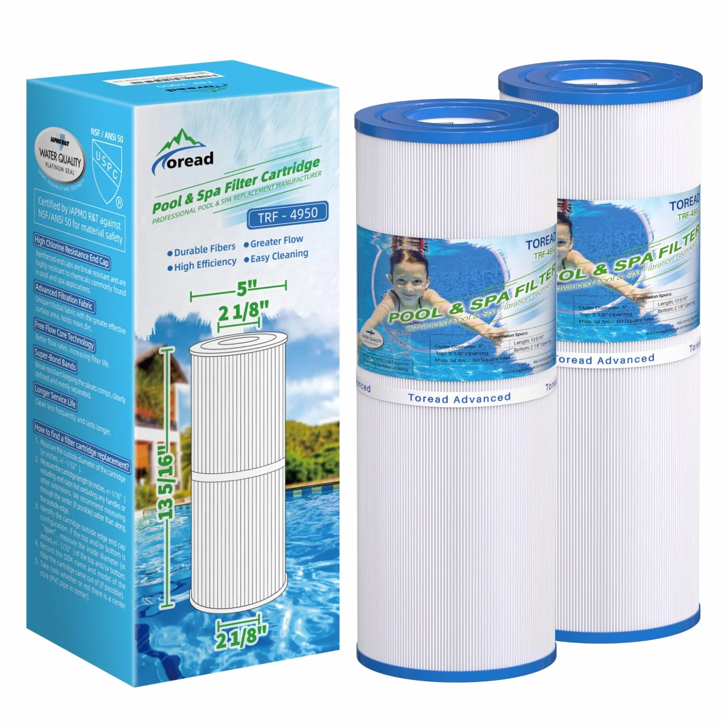 TOREAD Filtr spa TRF-4950 zastępuje Unicel C-4950, Pleatco PRB50-IN, Guardian 413-212-02, Filbur FC-2390, 373045, 03FIL1600, 17-2380, Jacuzzi J210/J220/J235/J245/J275, filtr do wanny z hydromasażem 5
