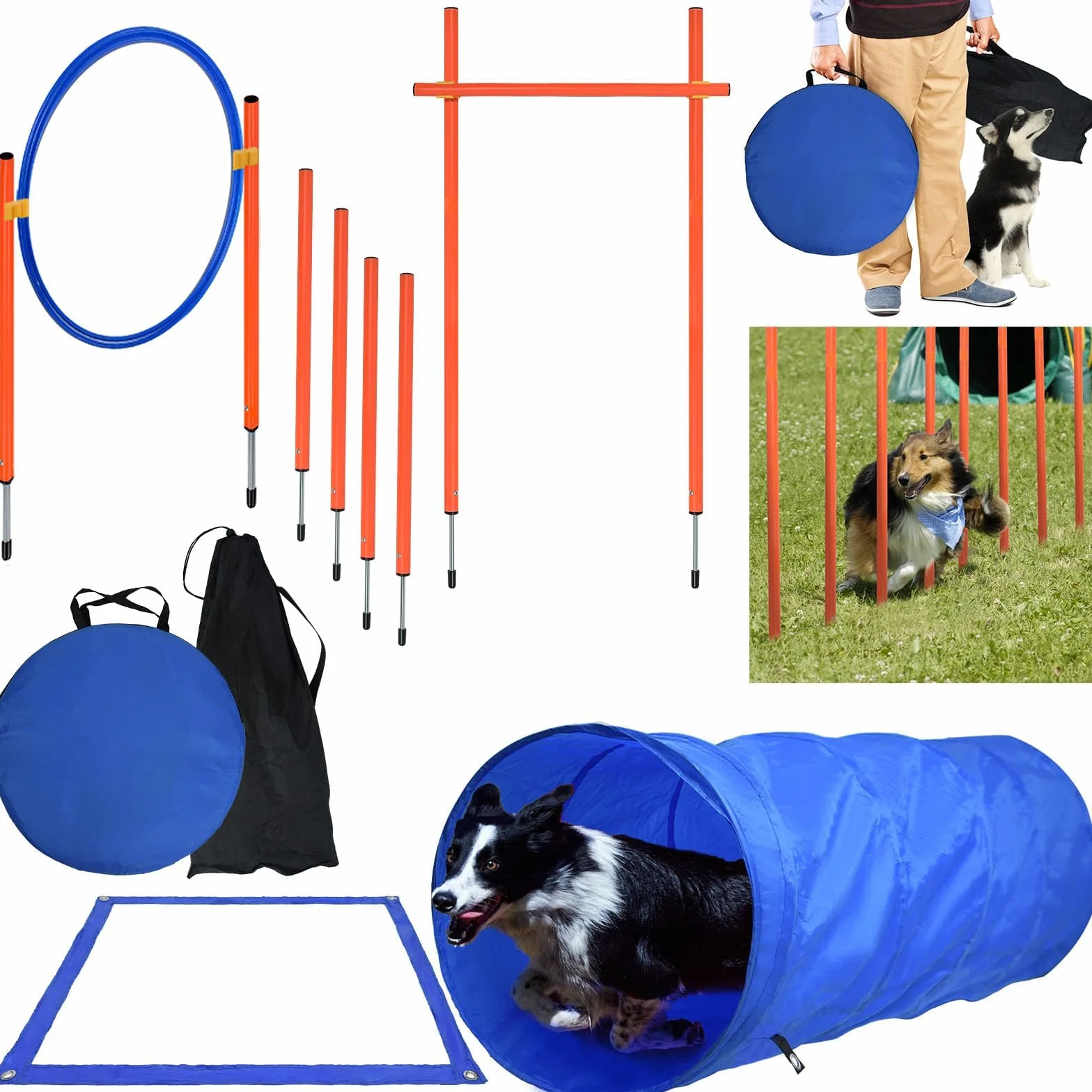 Agility zestaw treningowy dla psów z tunelem dla psów, przeszkodami z regulacją wysokości, kółkiem do skakania i drążkiem, zestaw treningowy dla zwierząt domowych, w zestawie torba do