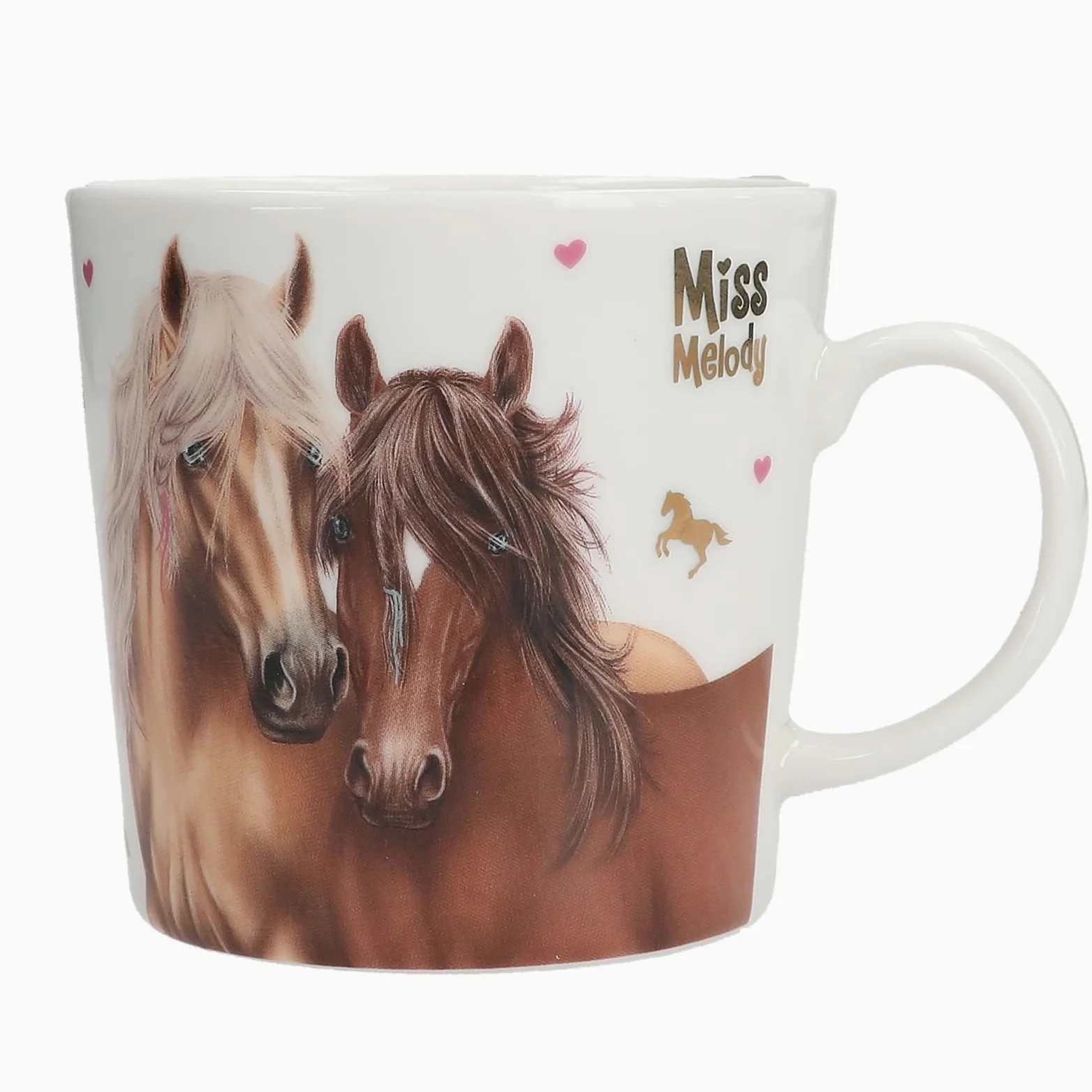 Depesche 13554 Miss Melody - kubek w kolorze białym, z motywem konia, napisem i złotymi detalami, porcelanowy kubek do picia, pojemność ok. 250 ml