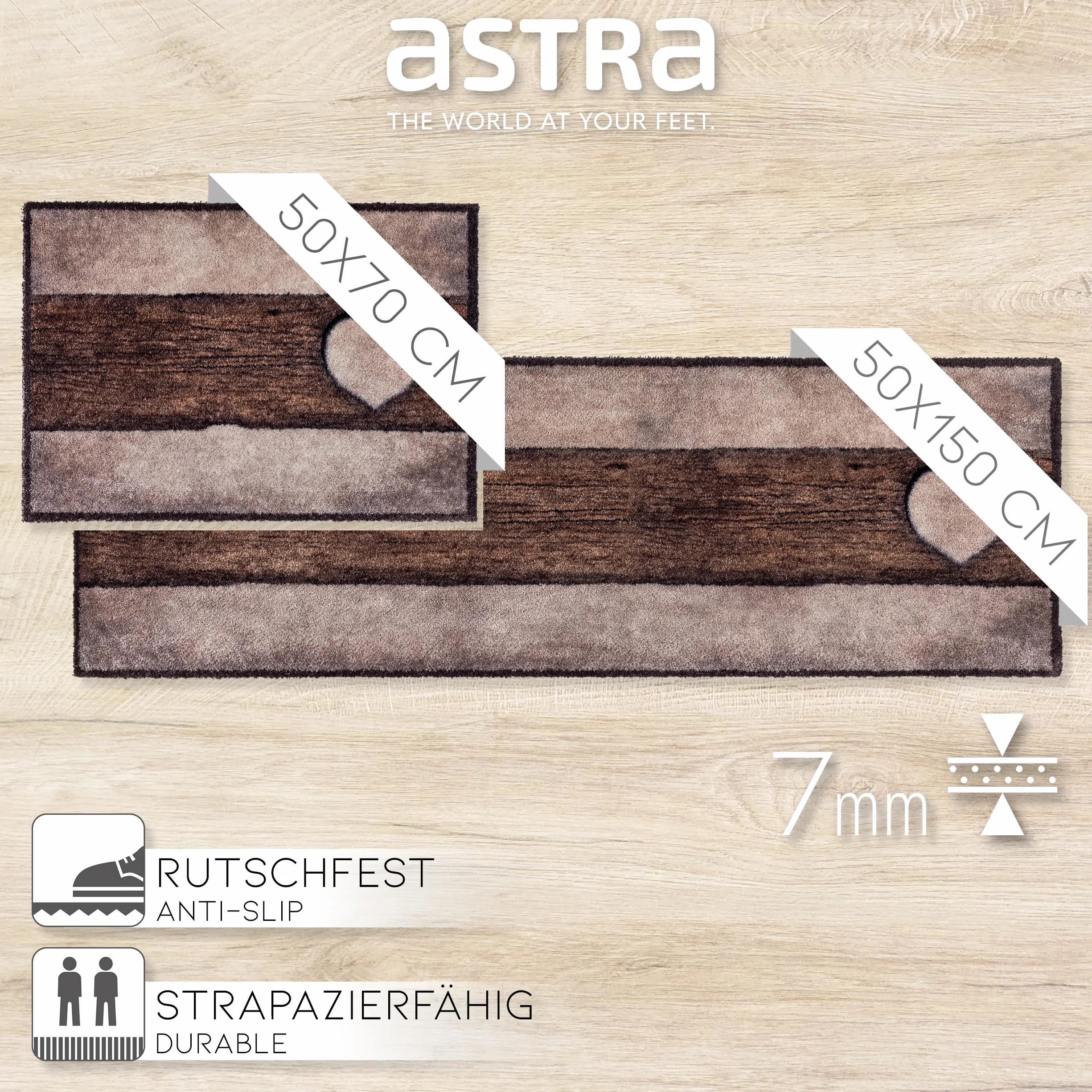 ASTRA Puszysta i miękka mata czyszcząca Pure & Soft – kolorowa wycieraczka do drzwi – wytrzymała wycieraczka – 50 x 70 cm (kolor: drewno, serce, piaskowo-brązowy)
