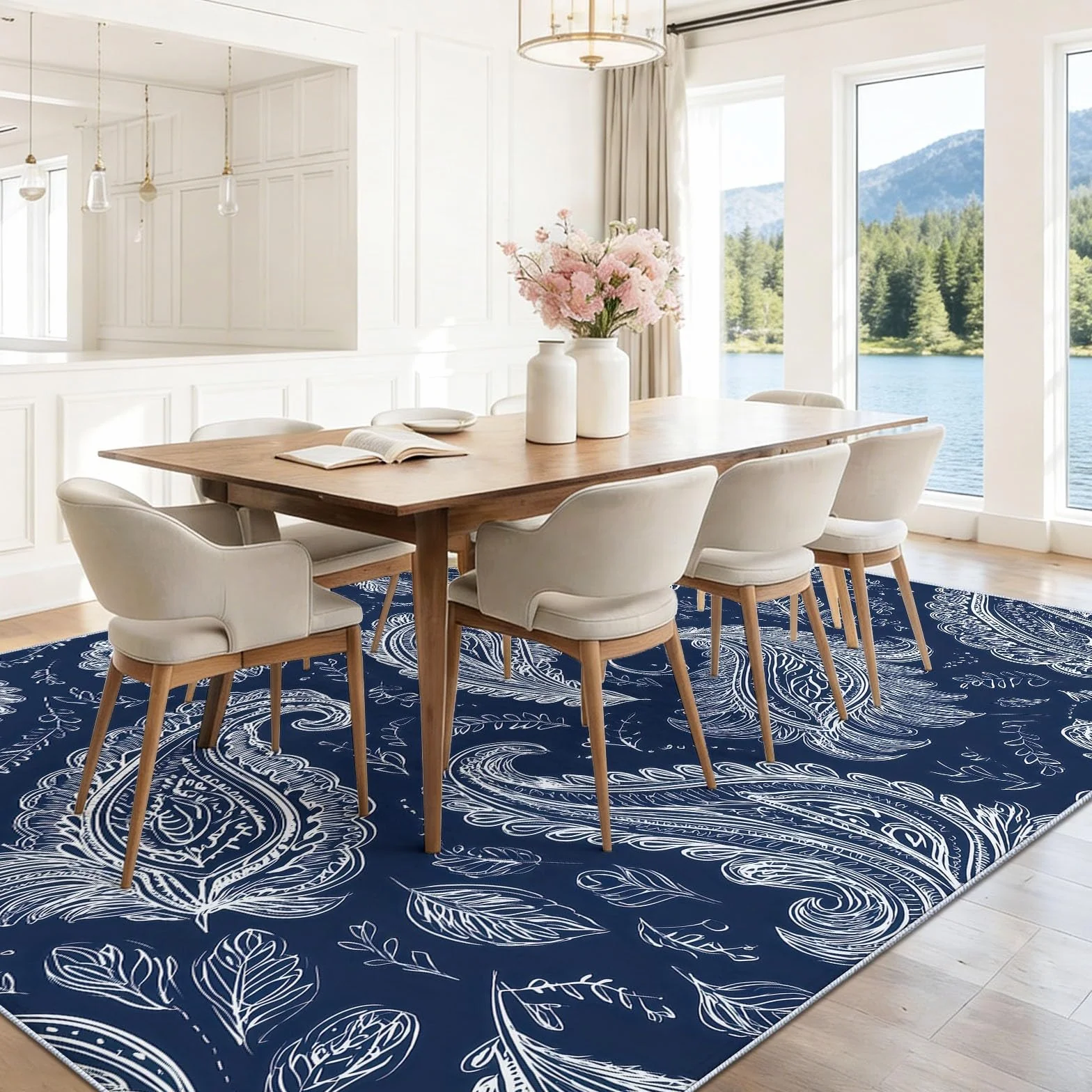 Dywan do salonu, można prać w pralce, 160 x 230 cm, dywan Paisley, antypoślizgowy, białe liście kwiatów nerkowca, niskie runo, nie gubi włosia, nadruk, do jadalni, domu, biura, sypialni