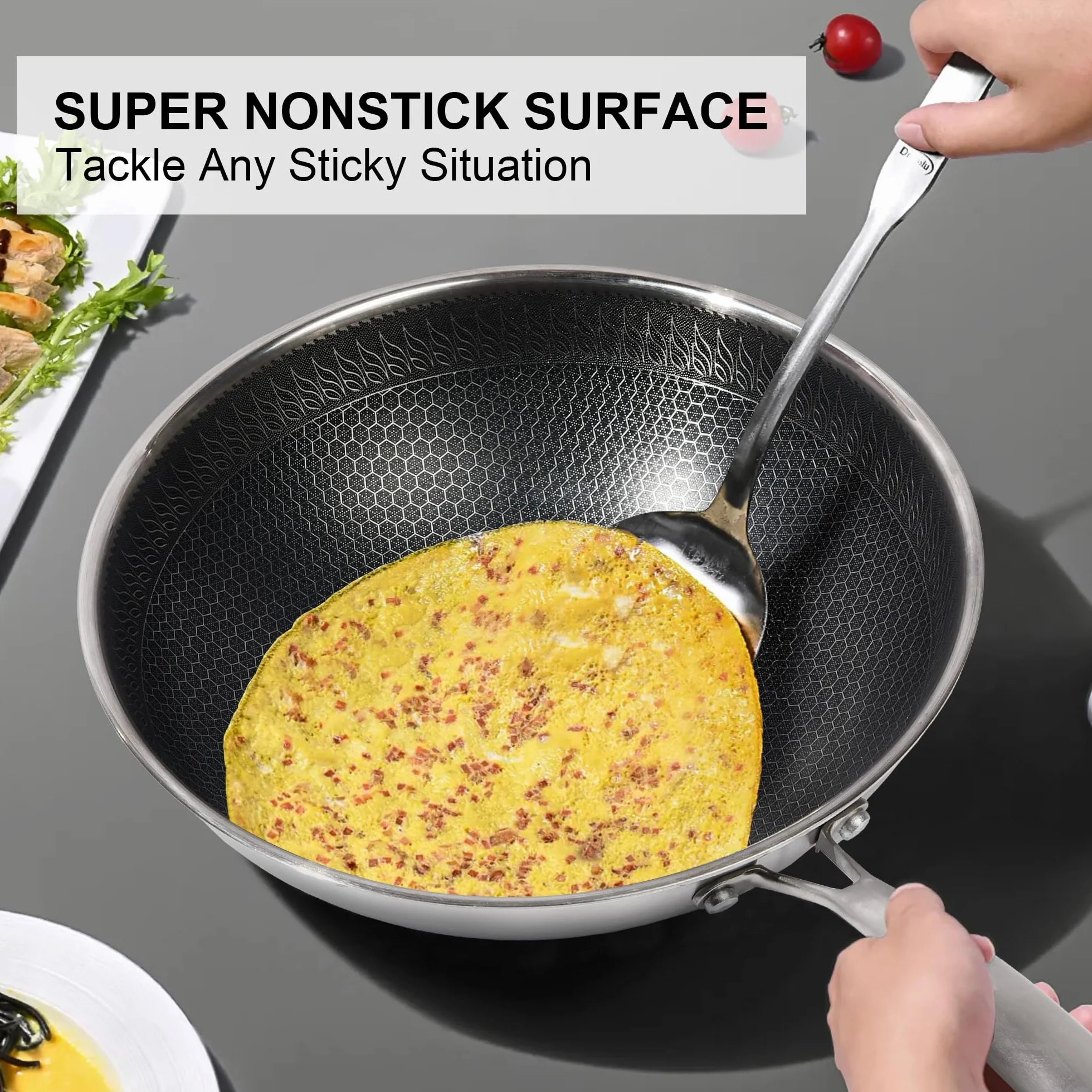 RIOVARM Wok ze stali nierdzewnej 32 cm, z pokrywką, powłoka zapobiegająca przywieraniu, płaskie dno, trójwarstwowa struktura plastra miodu, nadaje się do mycia w zmywarce, do piekarnika, działa z