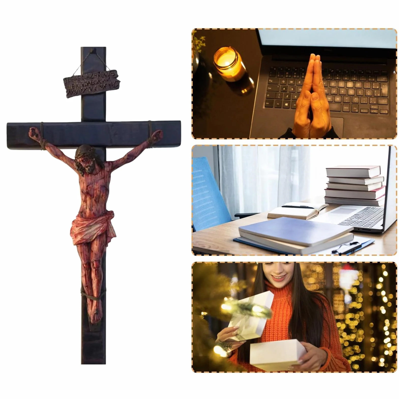 Wall Crucifix, Handmade Christian Decor, Religious Collectible Figurine, Sturdy Craftsmanship, Detailed Passion Design, Ideal for Meditation and Prayer, 8.07 Inches, Brown, 1 Piece